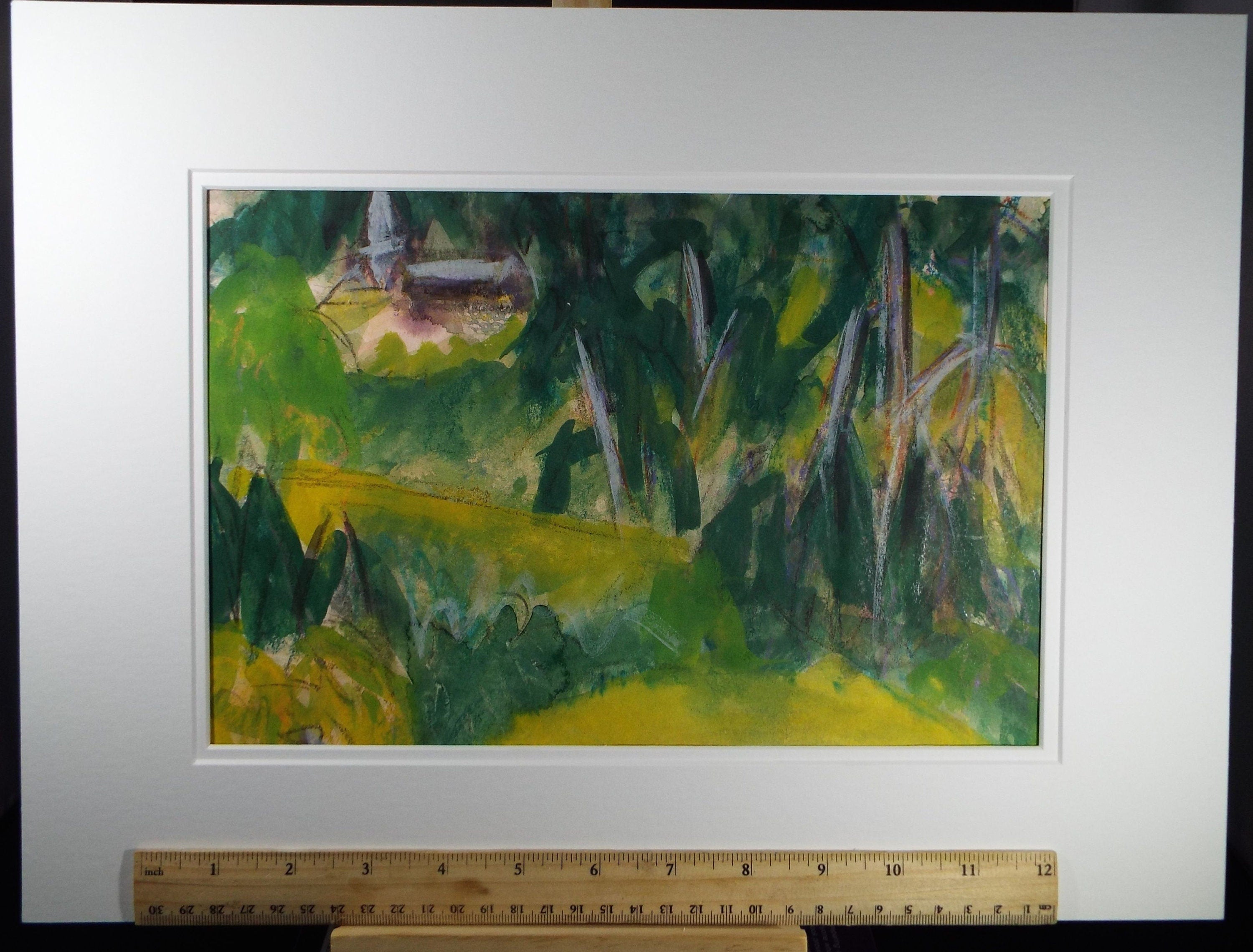 Original Watercolour & Gouache, 'Green Abstract Landscape with Church' Circa 1980's, Olive Van Klaveren, Impressionist Continental Landscape