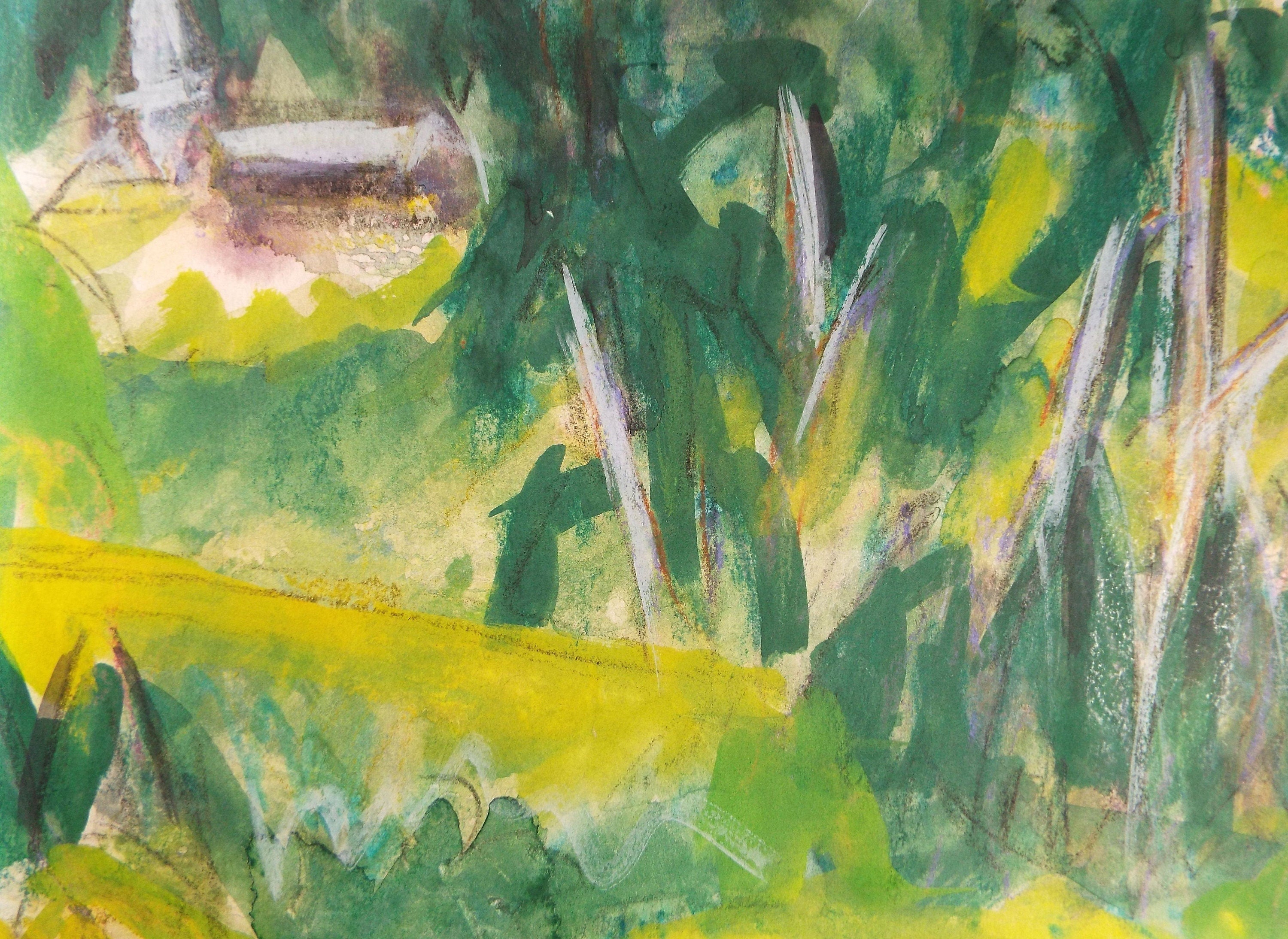 Original Watercolour & Gouache, 'Green Abstract Landscape with Church' Circa 1980's, Olive Van Klaveren, Impressionist Continental Landscape