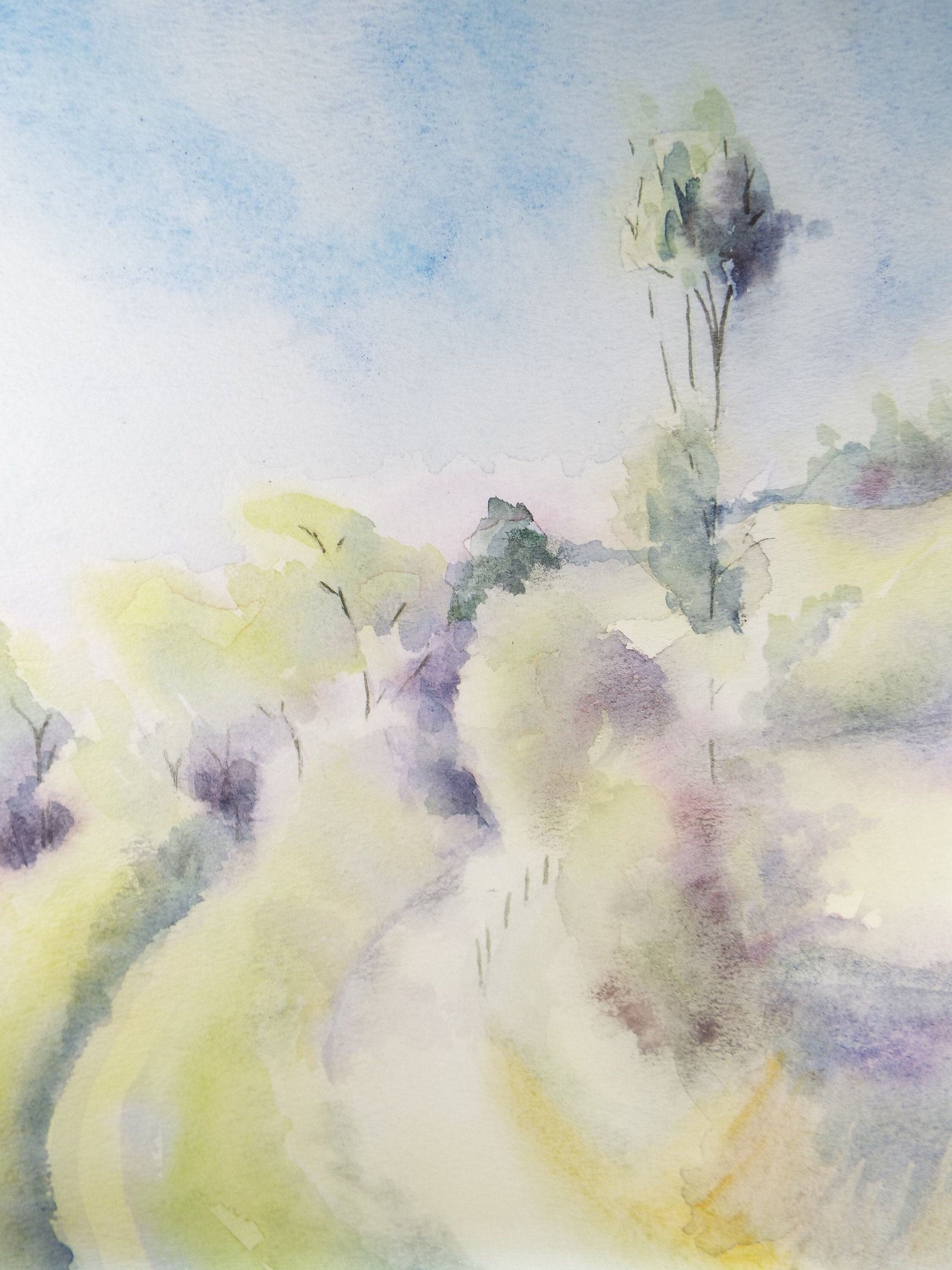 Original Watercolour & Gouache, 'Country Lane in Green' 1980's, Olive Van Klaveren, Impressionist Continental Landscape