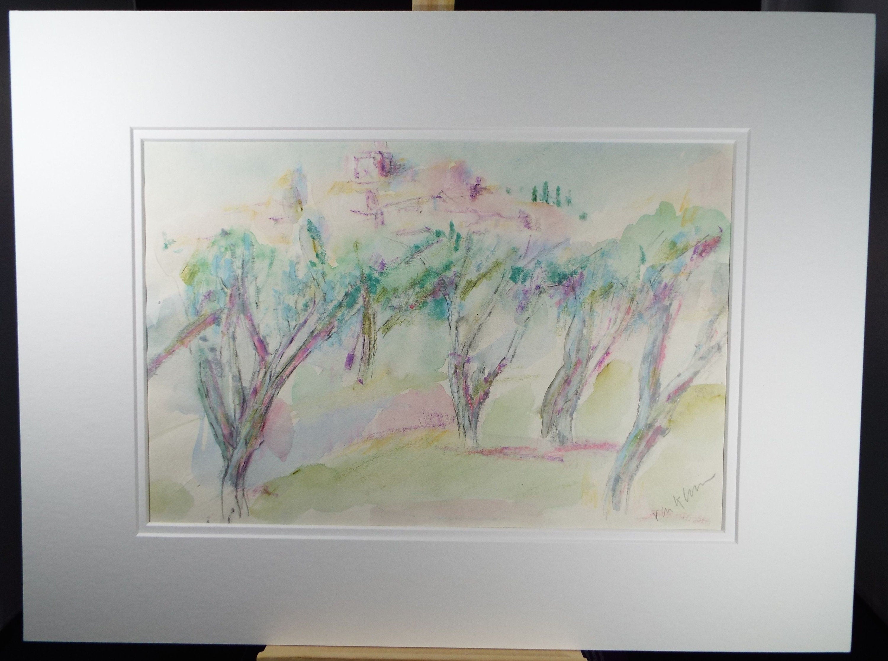 Original Watercolour & Gouache, 'The Olive Grove' 1980's, Olive Van Klaveren, Impressionist Continental Landscape