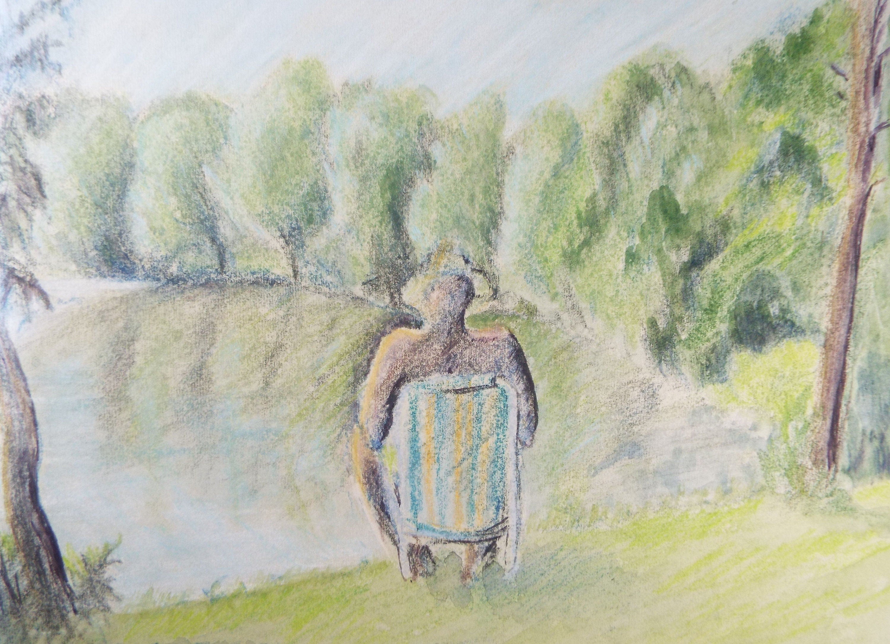 Original Pastel, 'Sitting by the lake', Olive Van Klaveren (20th Century), Impressionist Continental Landscape