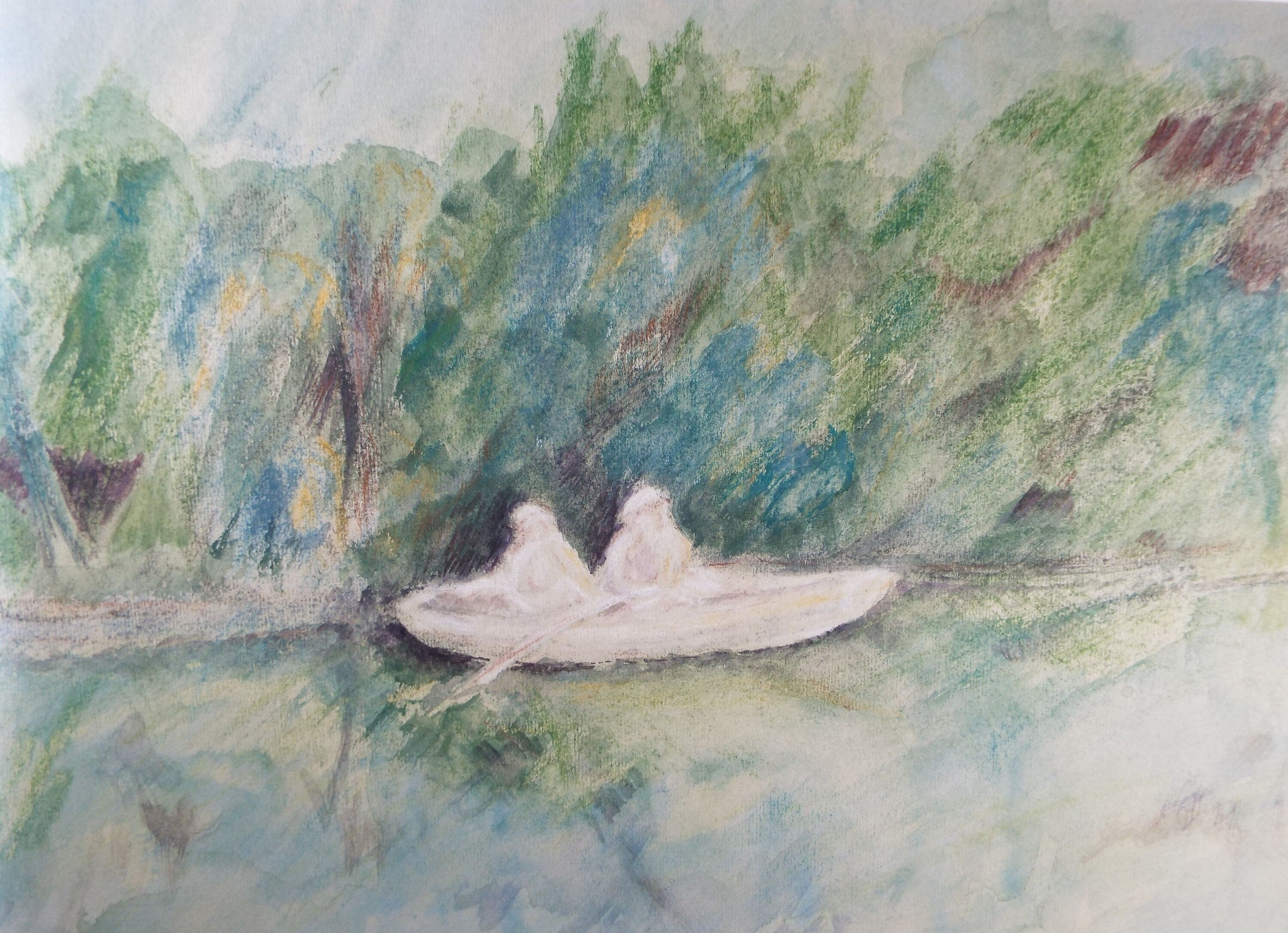 Original Pastel, 'Rowing on the Lake', Olive Van Klaveren (20th Century), Impressionist Continental Landscape