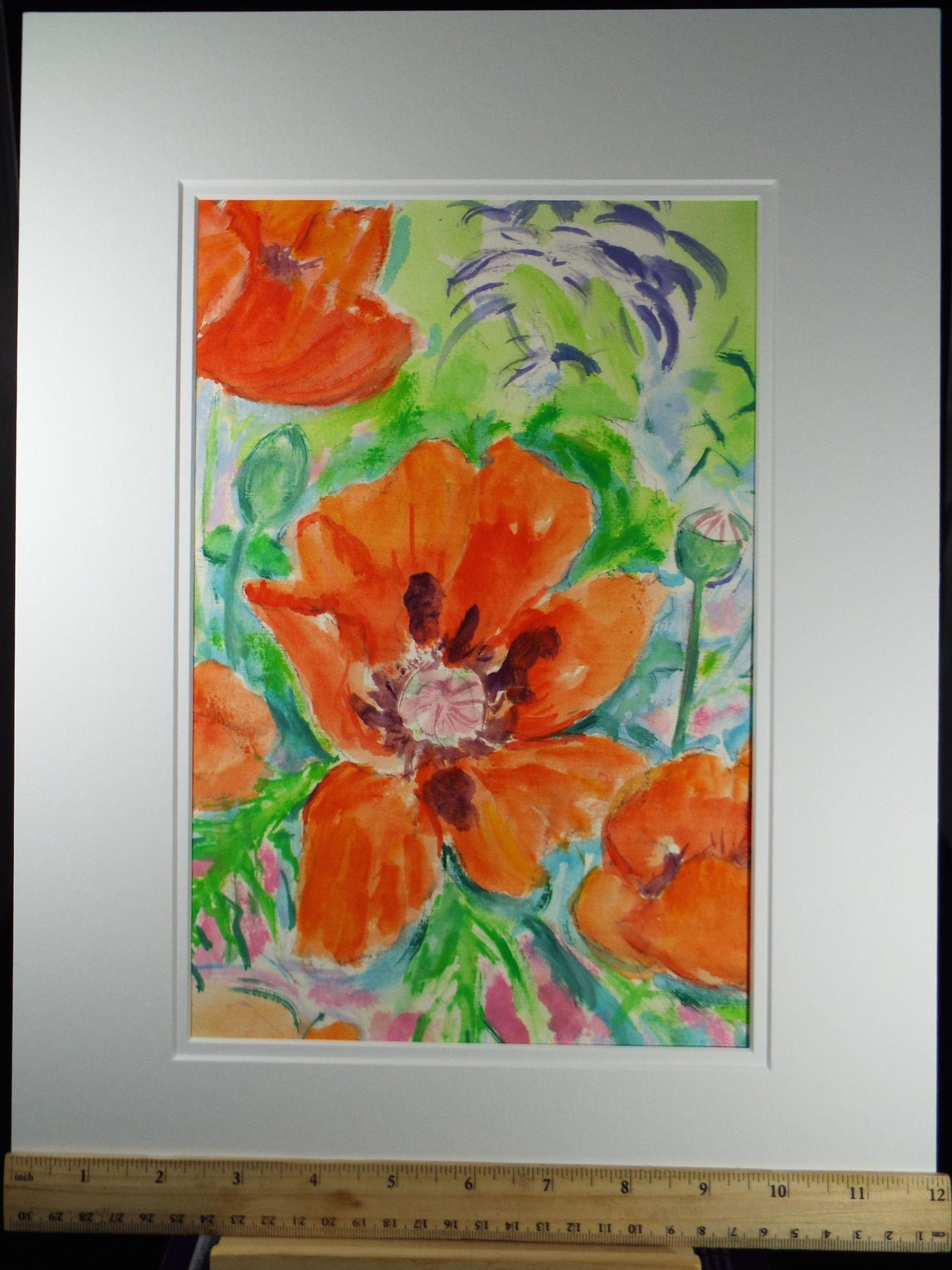 Original Watercolour & Gouache, 'Still life of Poppies' 1980's, Olive Van Klaveren (20th Century)