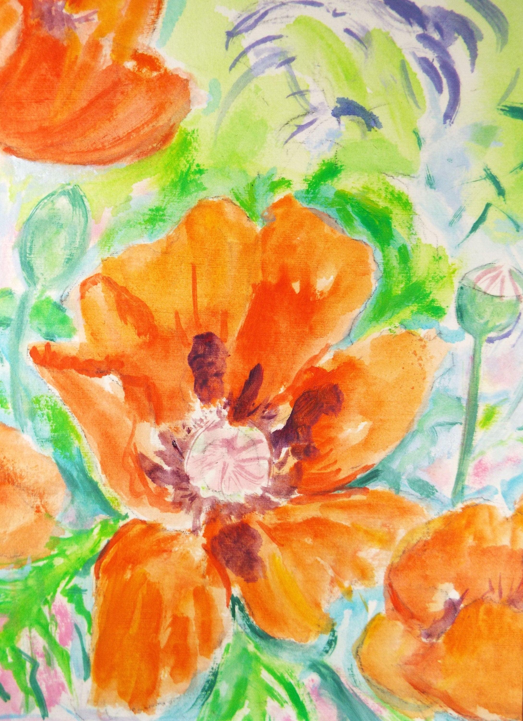 Original Watercolour & Gouache, 'Still life of Poppies' 1980's, Olive Van Klaveren (20th Century)