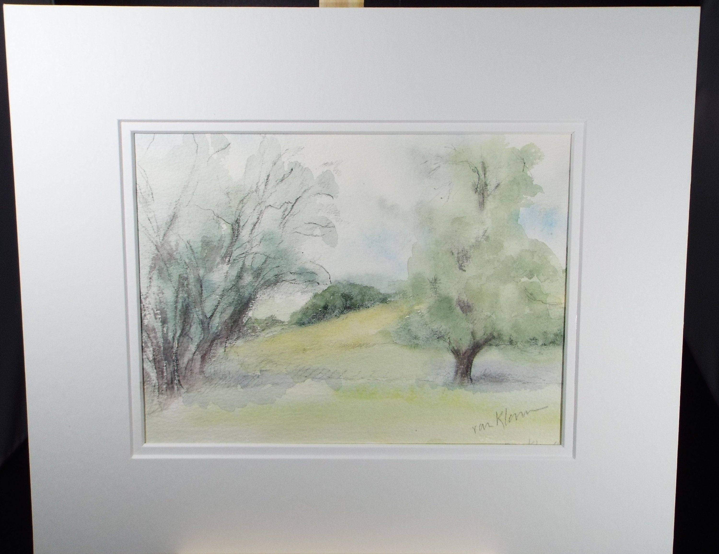 Original Watercolour & Gouache, 'Country Landscape in Green' 1980's, Olive Van Klaveren, Impressionist Continental Landscape