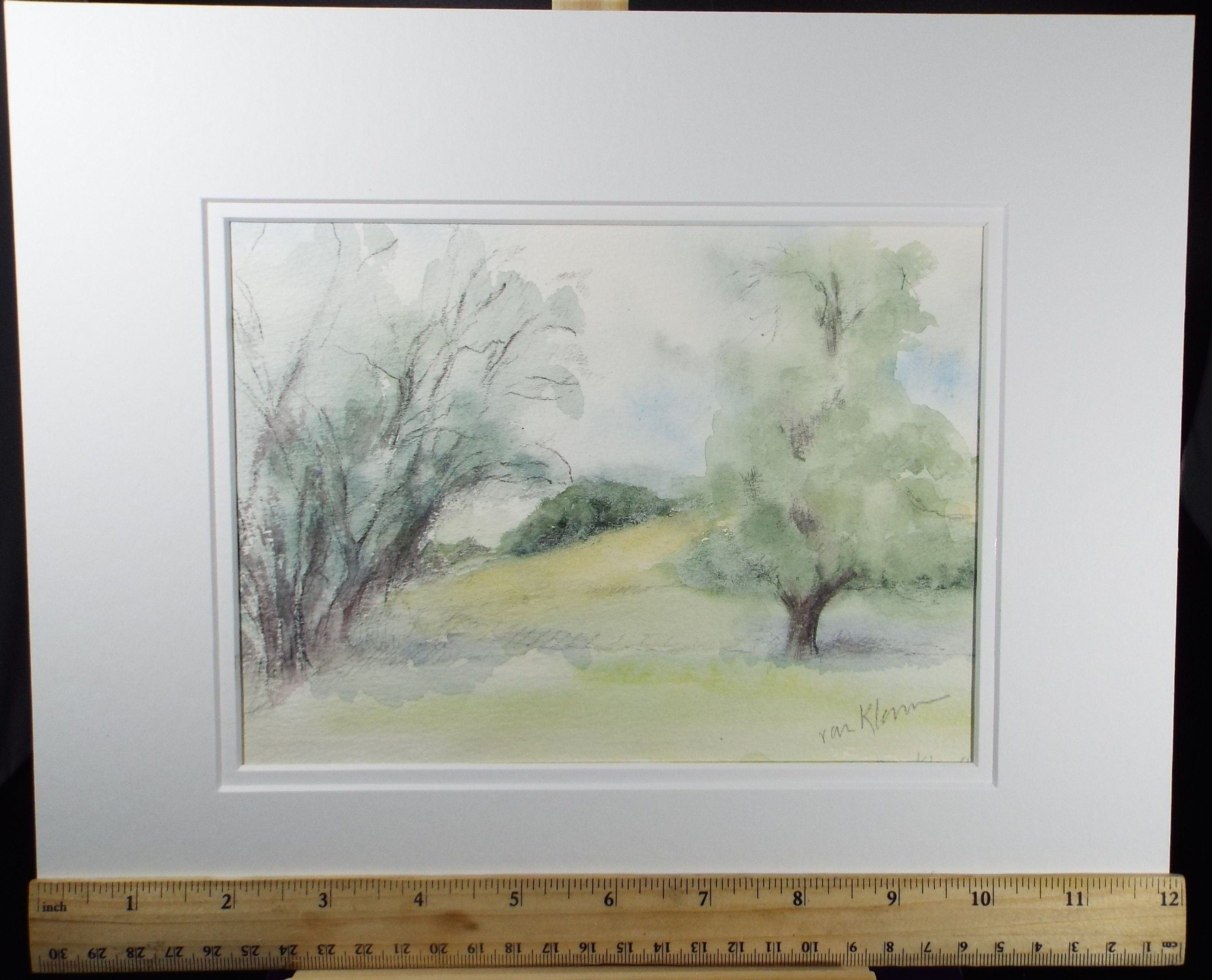 Original Watercolour & Gouache, 'Country Landscape in Green' 1980's, Olive Van Klaveren, Impressionist Continental Landscape