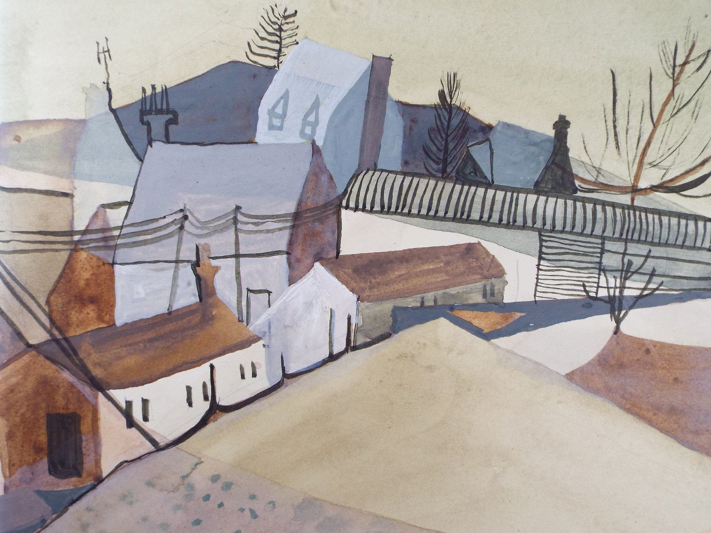 Original Watercolour & Gouache, 'The Village' 1980's, Olive Van Klaveren