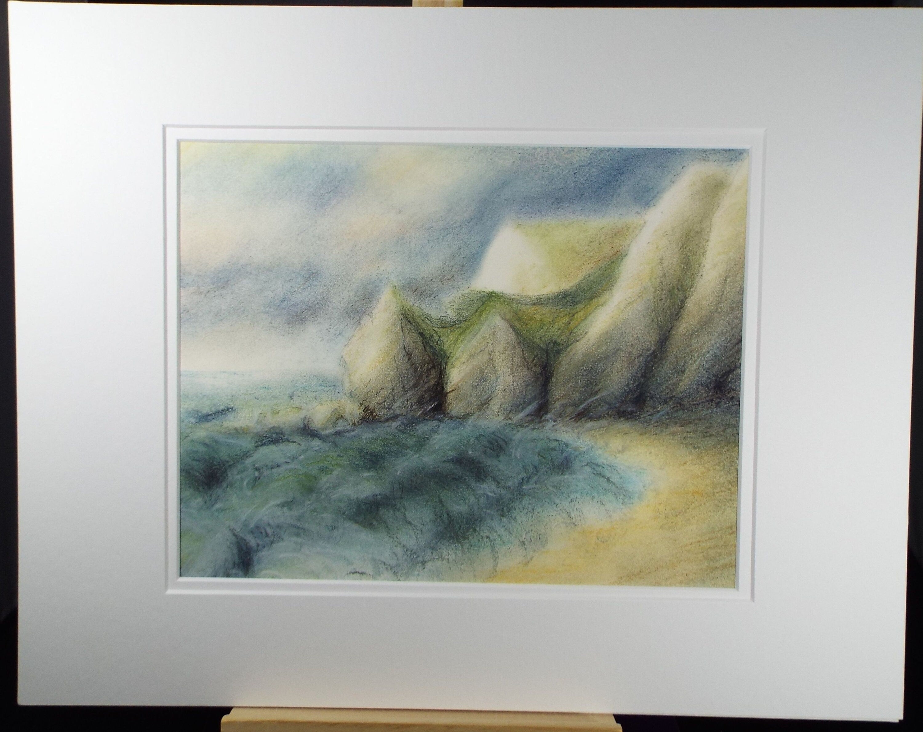 Original Pastel, 'Sandy Bay with Cliffs', Olive Van Klaveren (20th Century), Impressionist Coastal Landscape