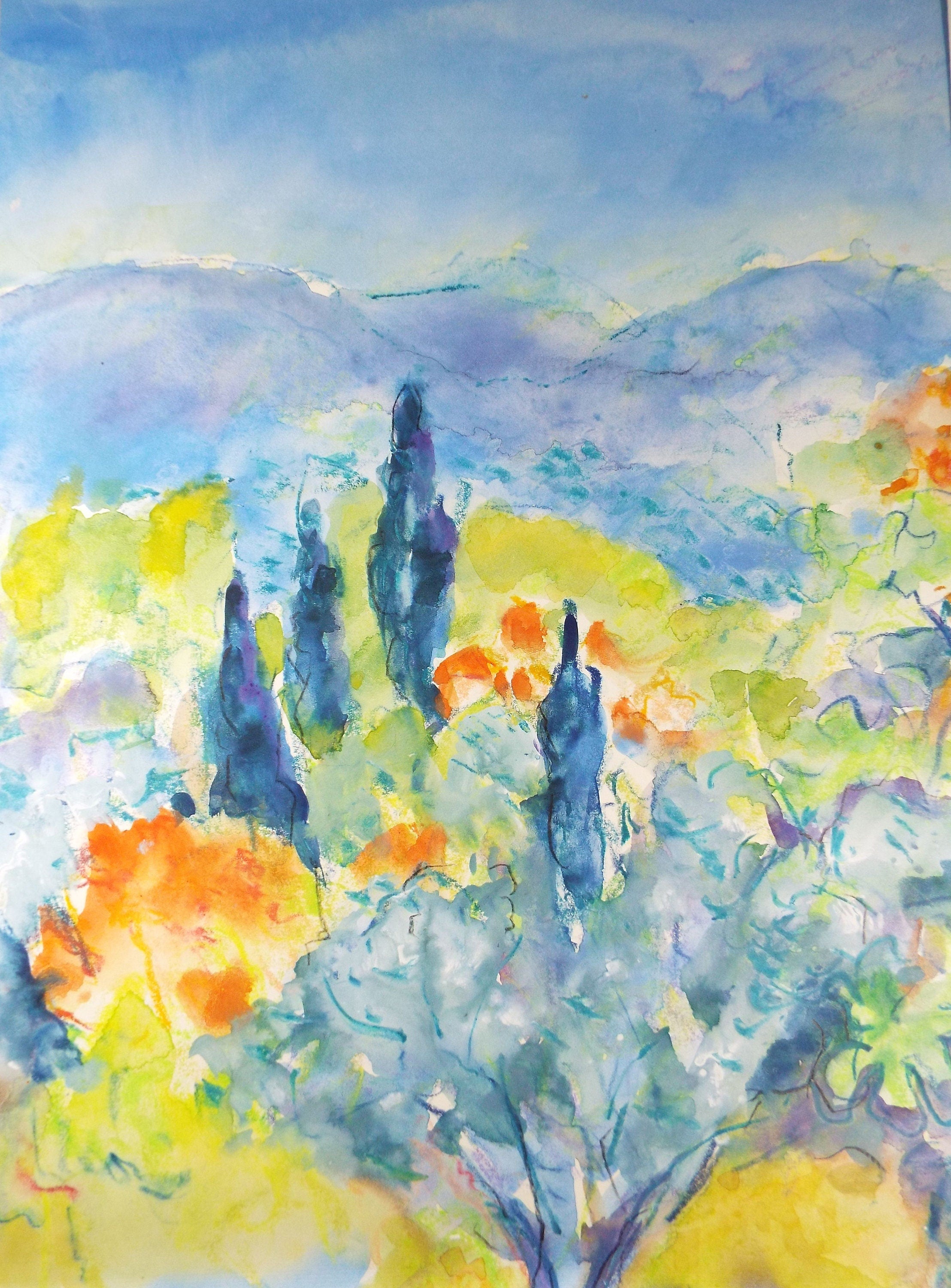 Original Watercolour & Gouache, 'Italian Summer Landscape' 1980's, Olive Van Klaveren (20th Century)