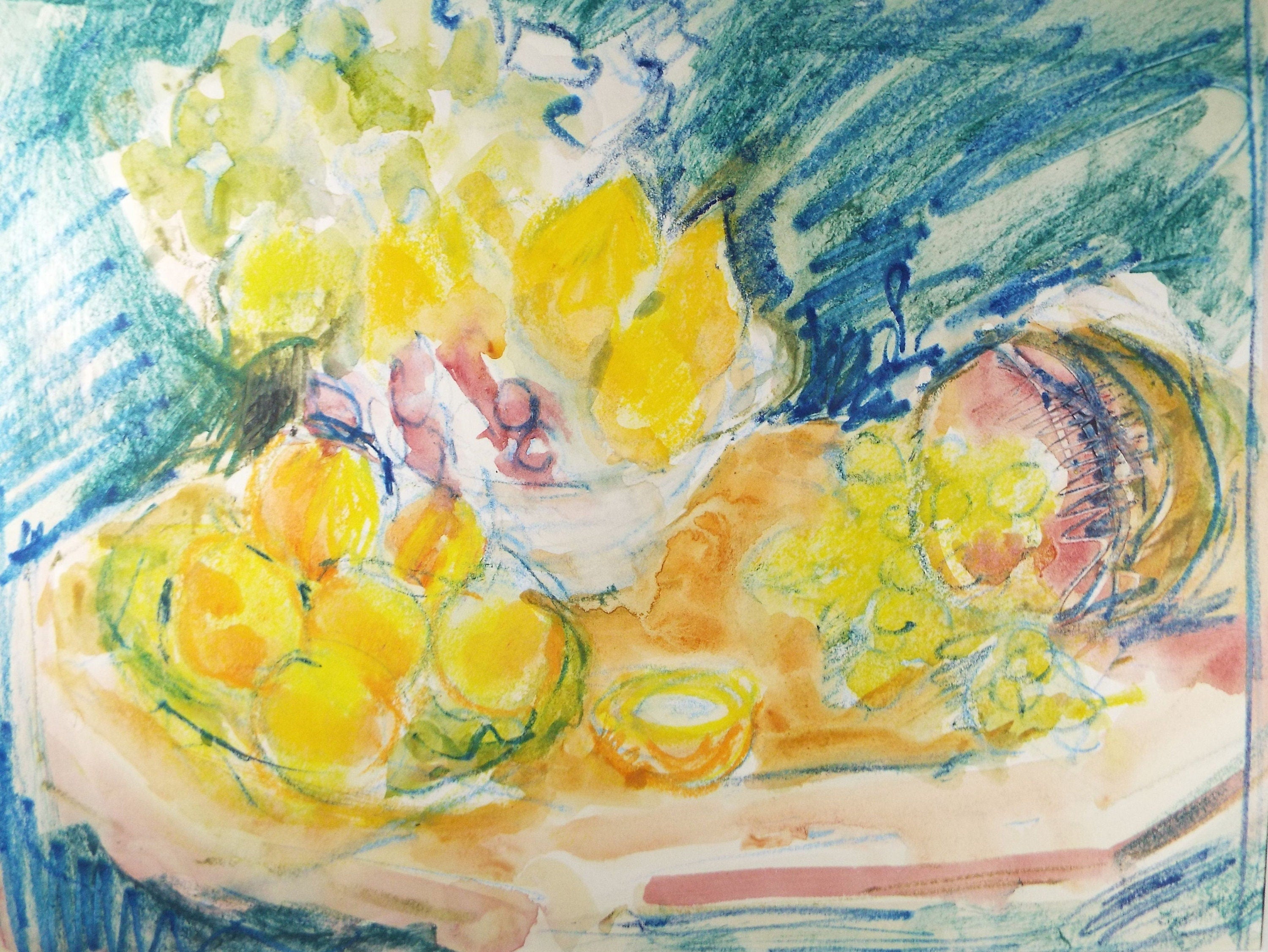 Original Pastel on Paper, 'Still life of Fruit & Ham' 1980's, Olive Van Klaveren (20th Century)