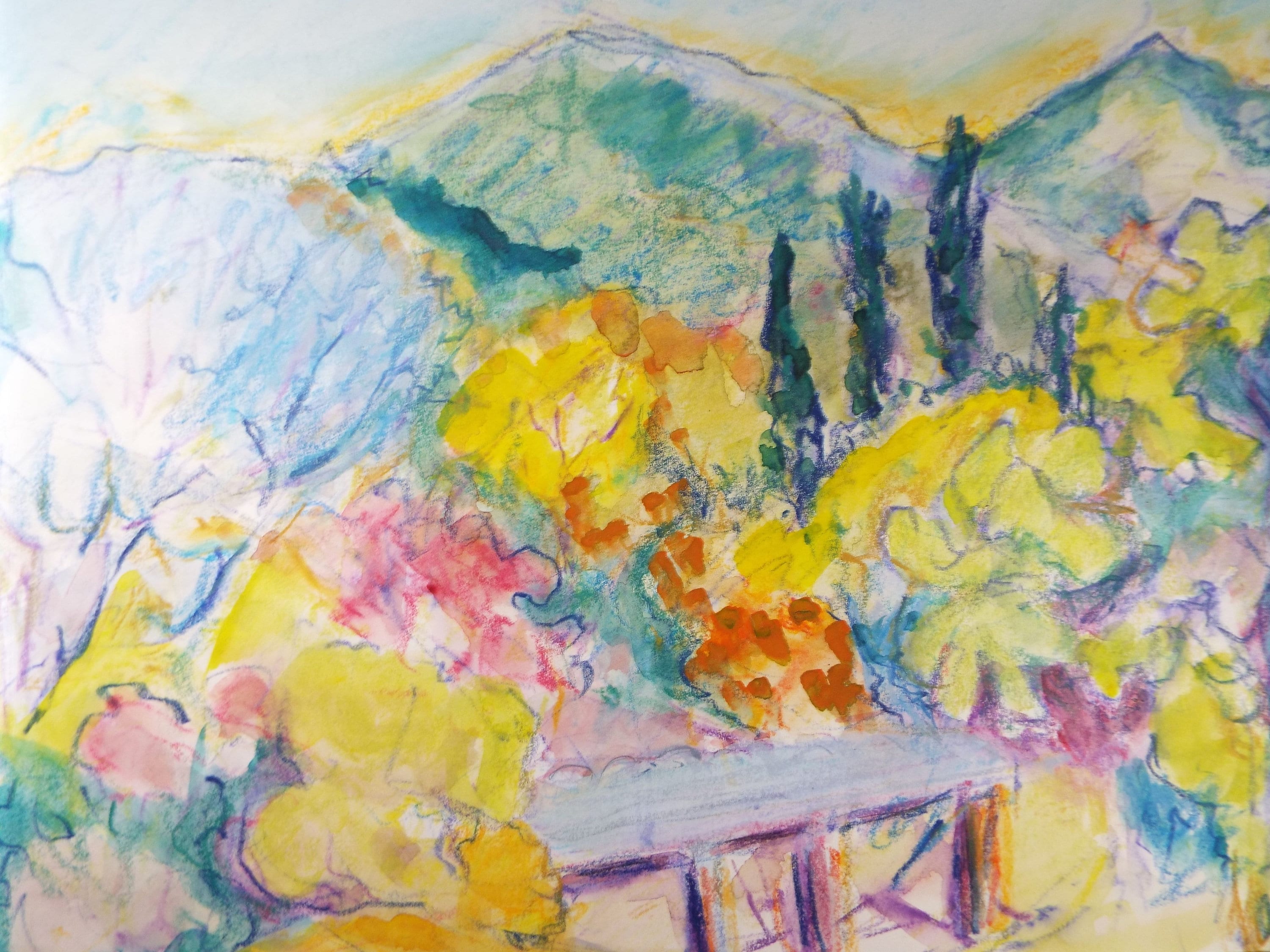 Original Watercolour & Gouache, 'Italian Summer Landscape with Hills' 1980's, Olive Van Klaveren (20th Century)