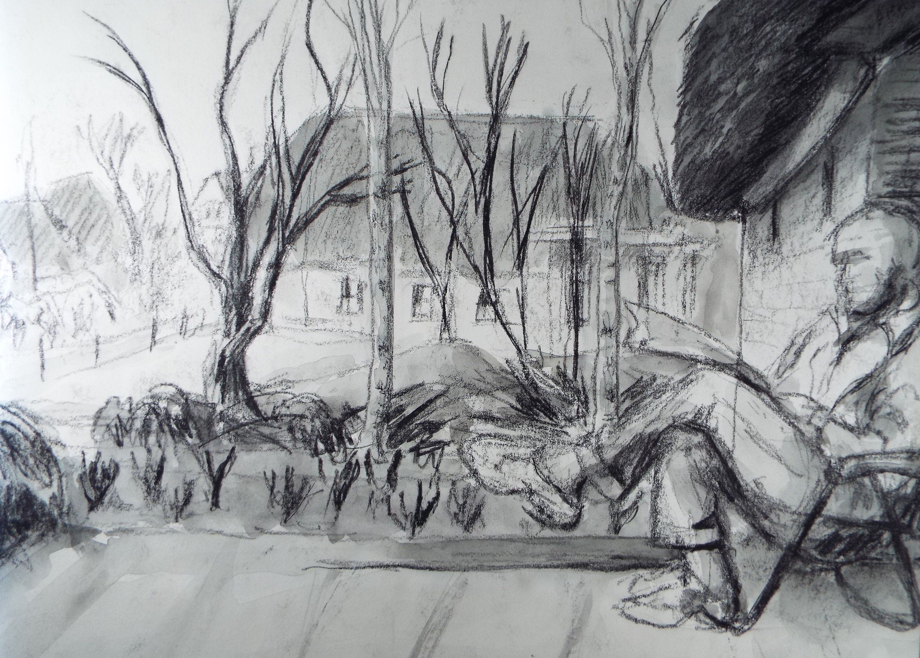 Original Charcoal Drawing 'Sitting in the Garden', 1980's Olive Van Klaveren (20th Century)