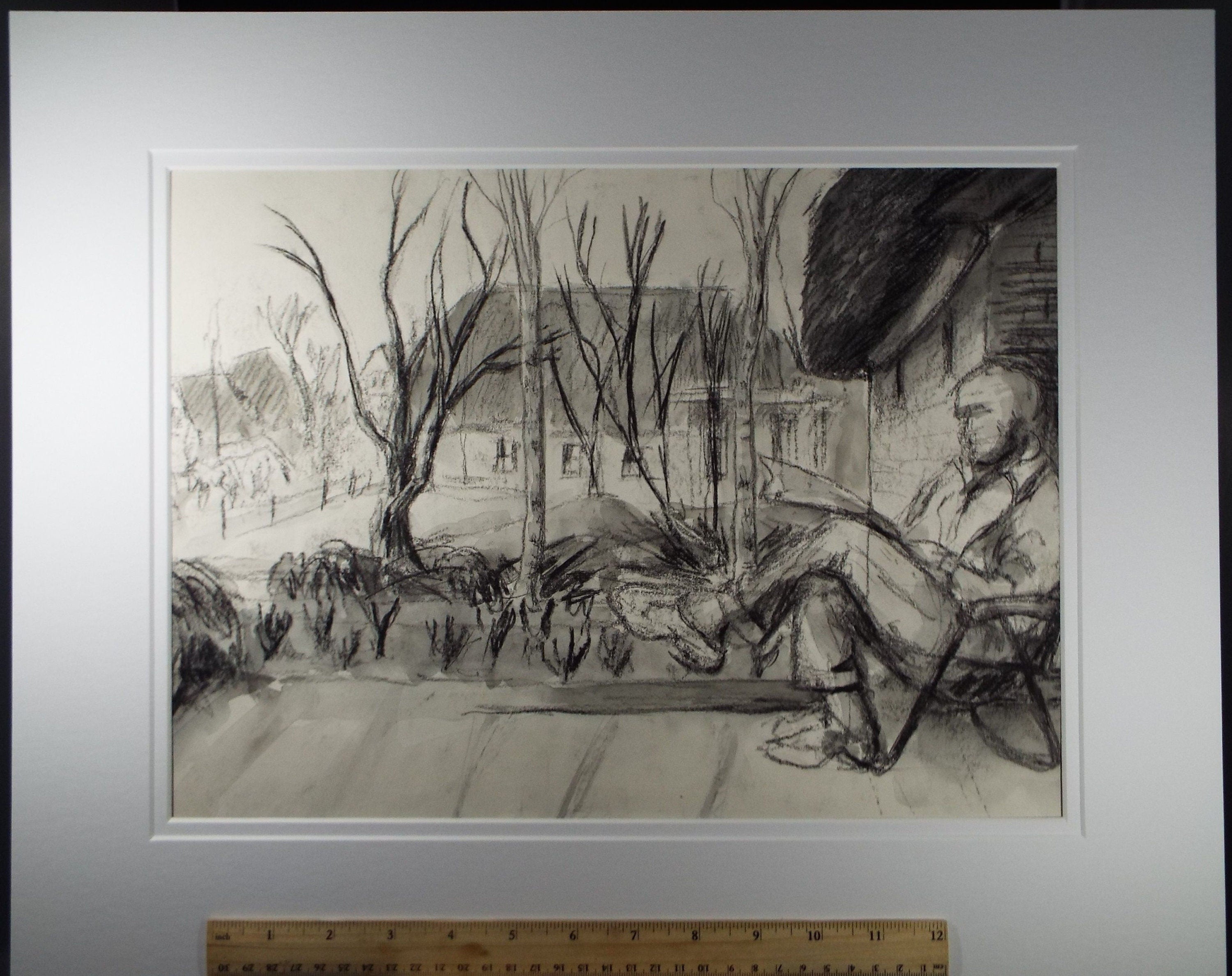 Original Charcoal Drawing 'Sitting in the Garden', 1980's Olive Van Klaveren (20th Century)