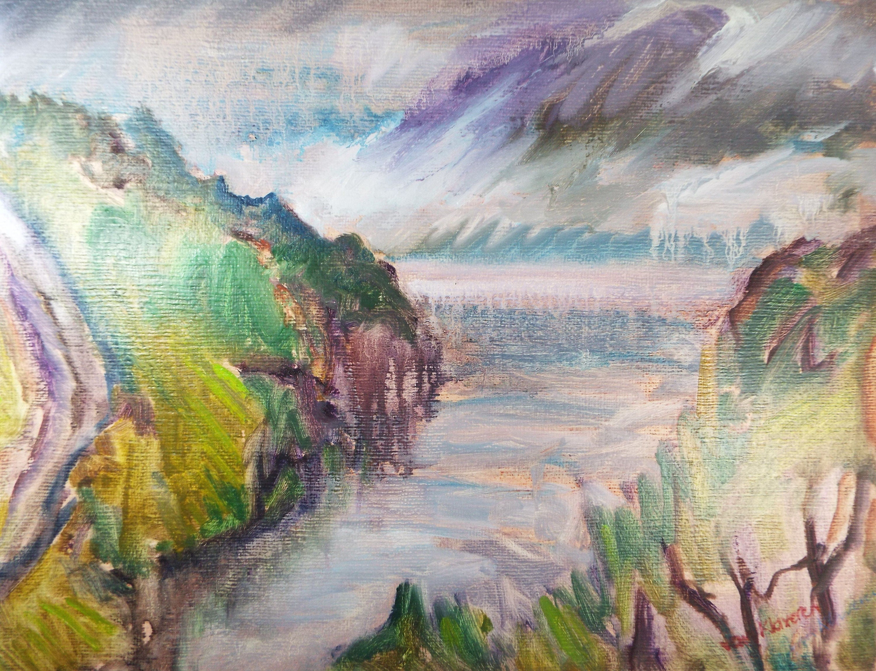 Original Watercolour & Gouache, 'Purple Sea inlet with Cliffs' 1980's, Olive Van Klaveren (20th Century)