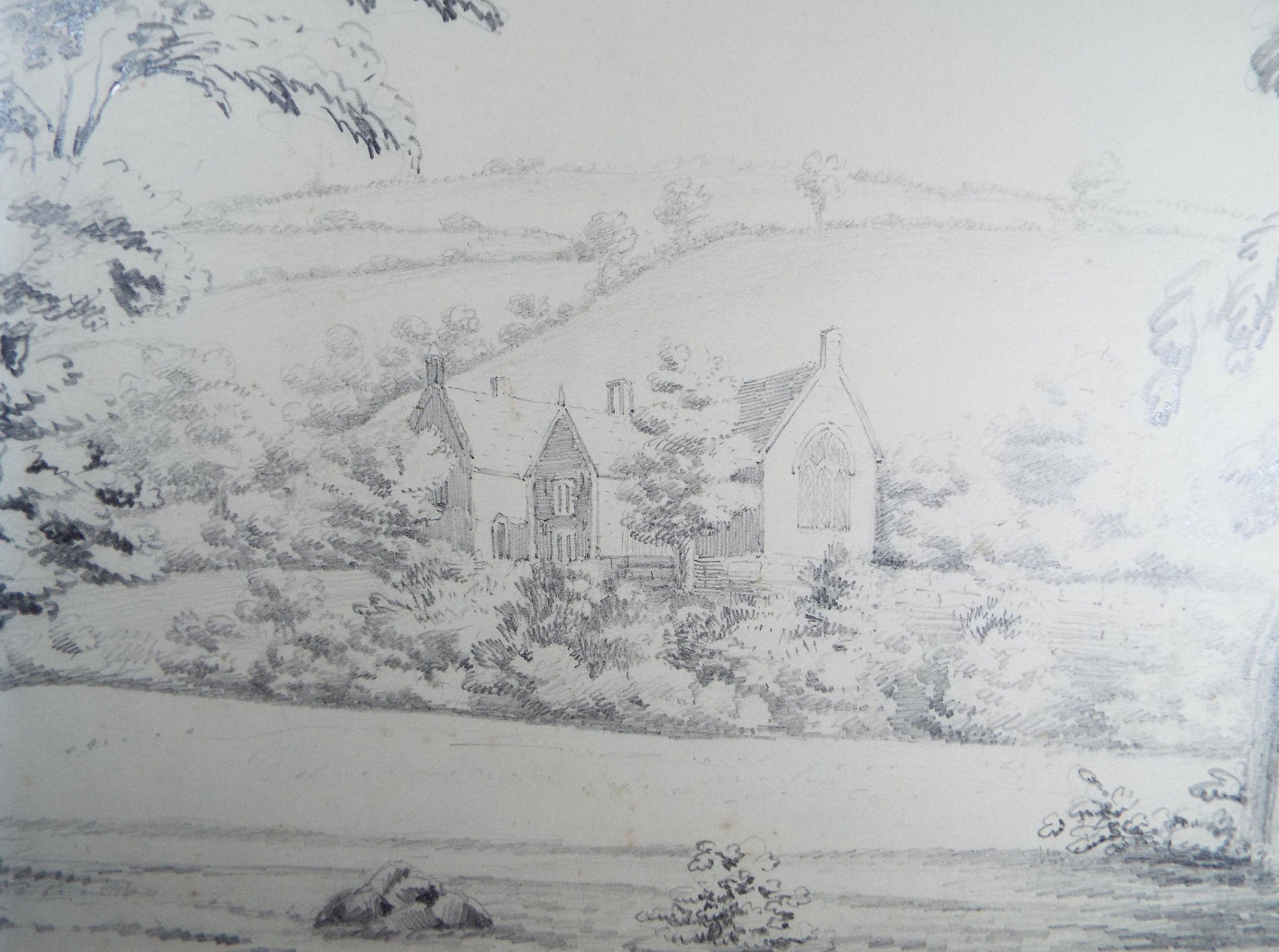 Original Pencil drawing c1860's, 'Manor House in a Landscape' - 'Unknown Artist