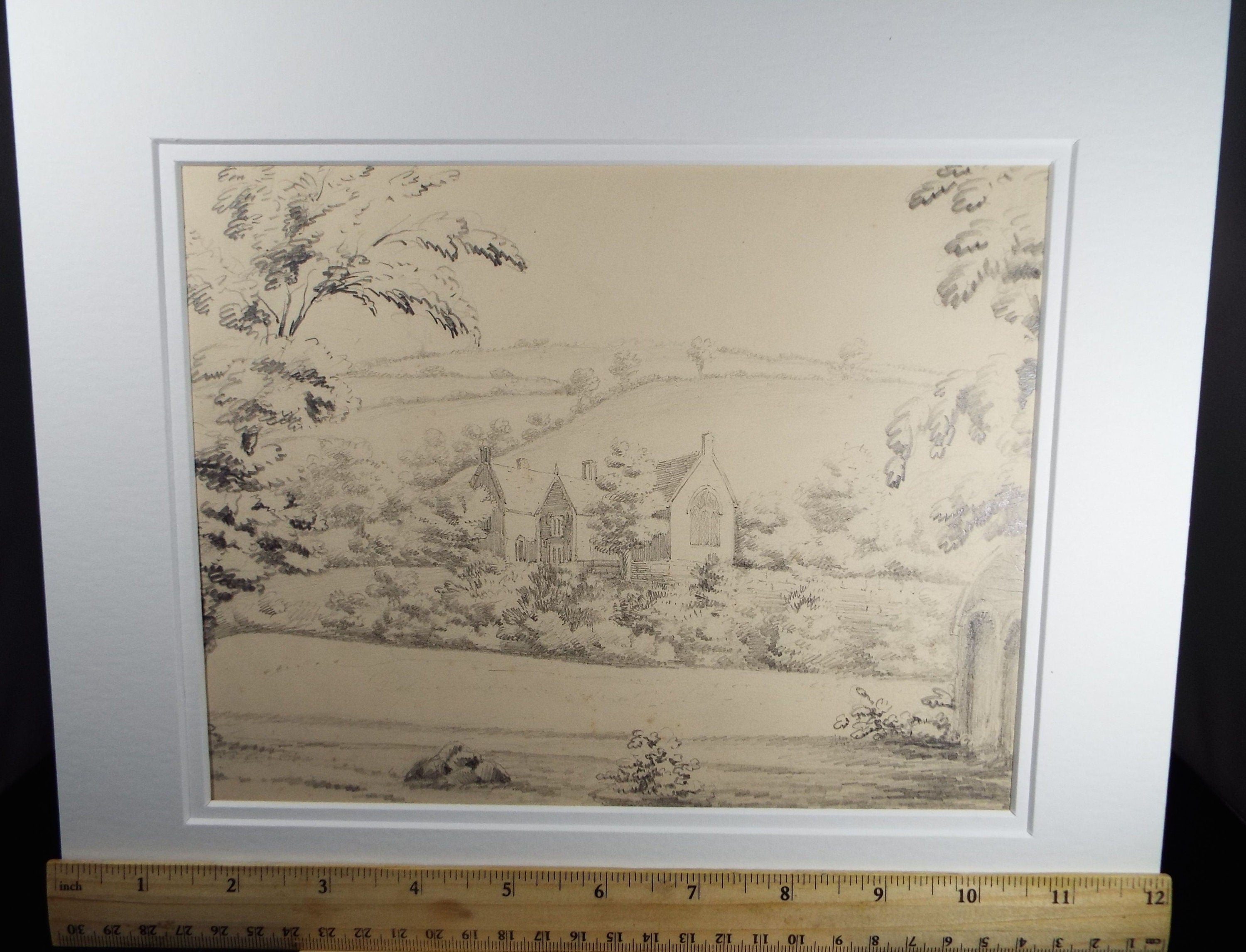 Original Pencil drawing c1860's, 'Manor House in a Landscape' - 'Unknown Artist