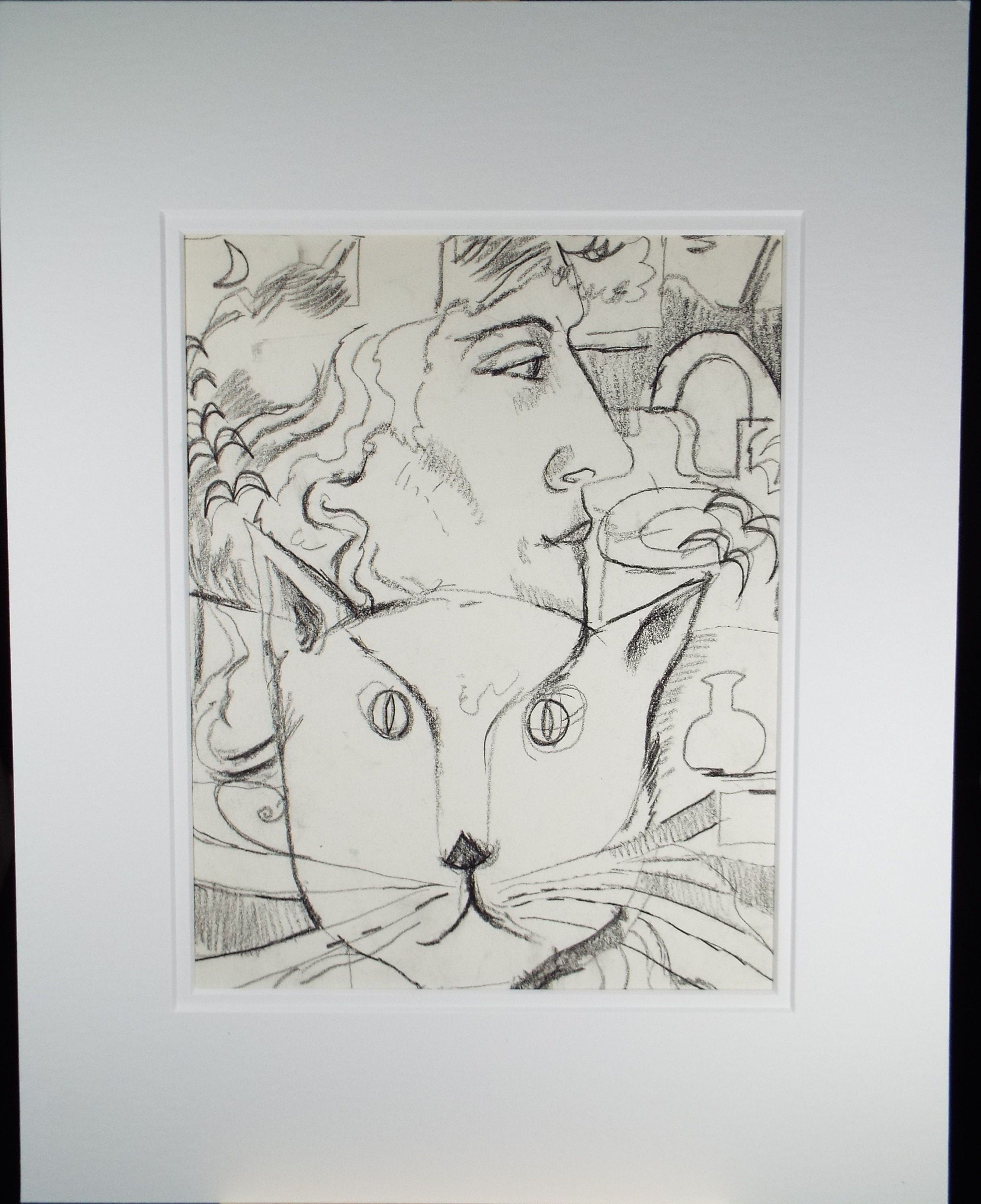 Pencil Drawing, 'Portait of Woman & Cat' 1980's, 20th Century Scottish School - Circle of  Donald Mackenzie