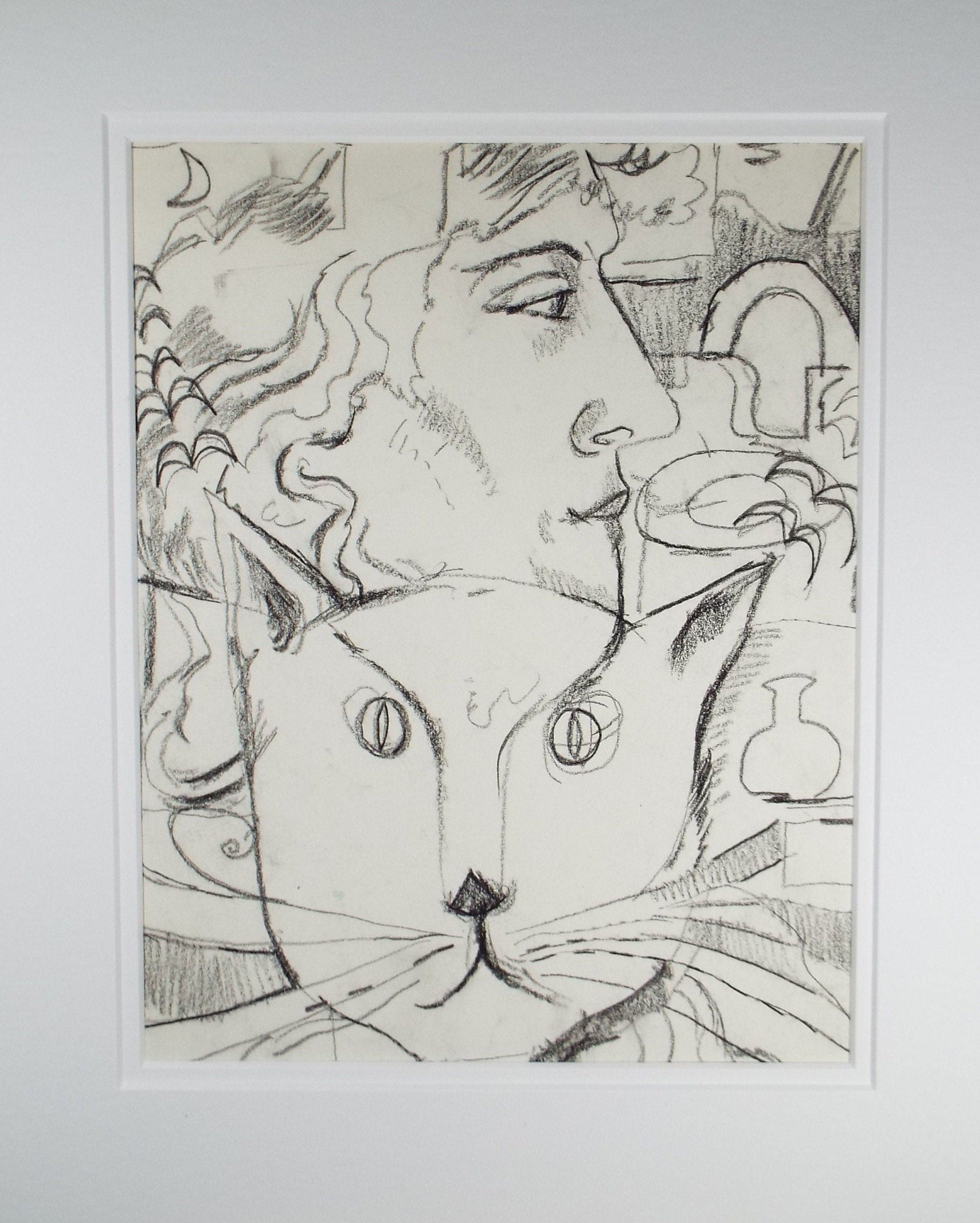 Pencil Drawing, 'Portait of Woman & Cat' 1980's, 20th Century Scottish School - Circle of  Donald Mackenzie