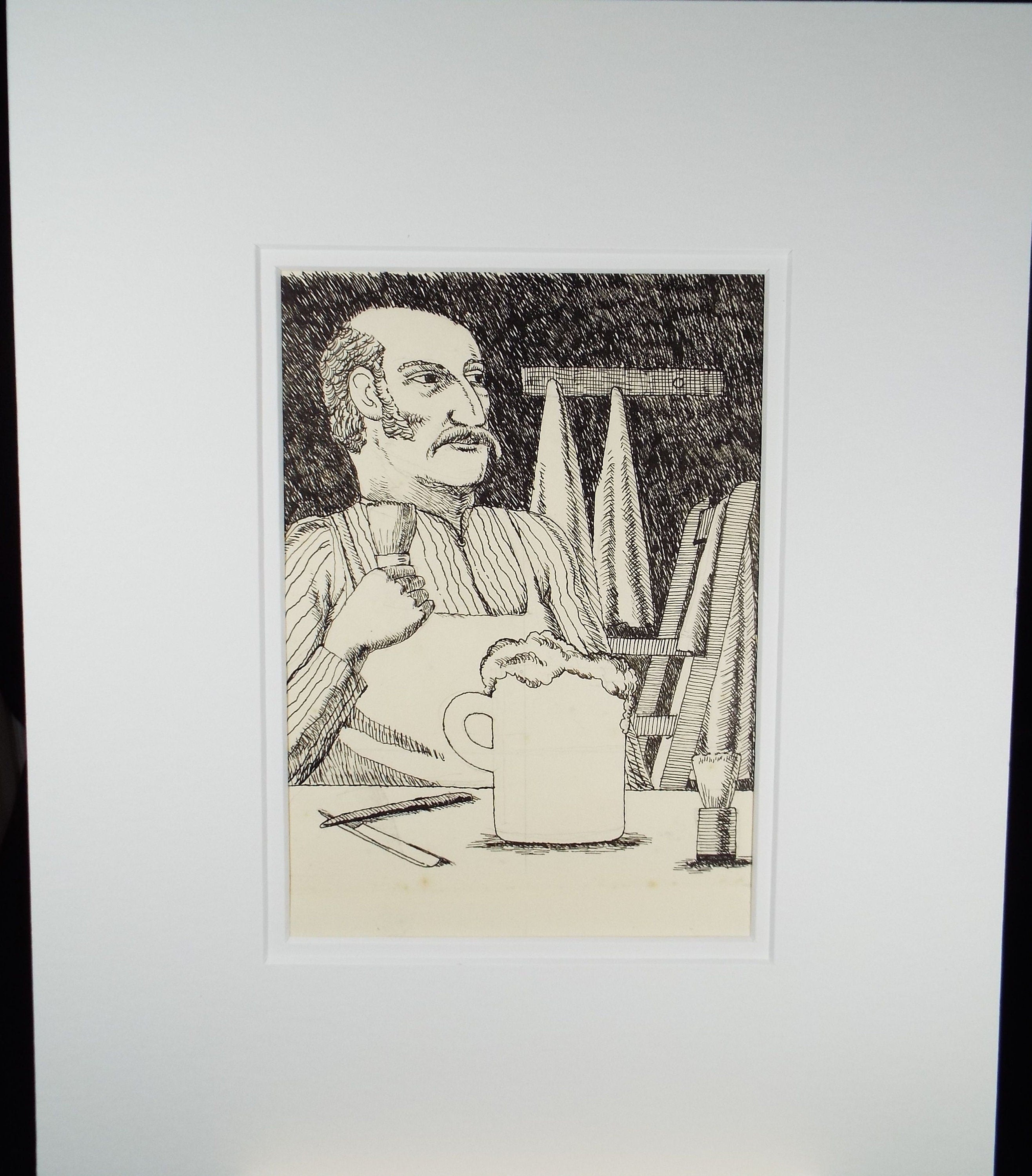 Original Pen & Ink, 'The Barber' c1980's - Donald Mackenzie b 1944