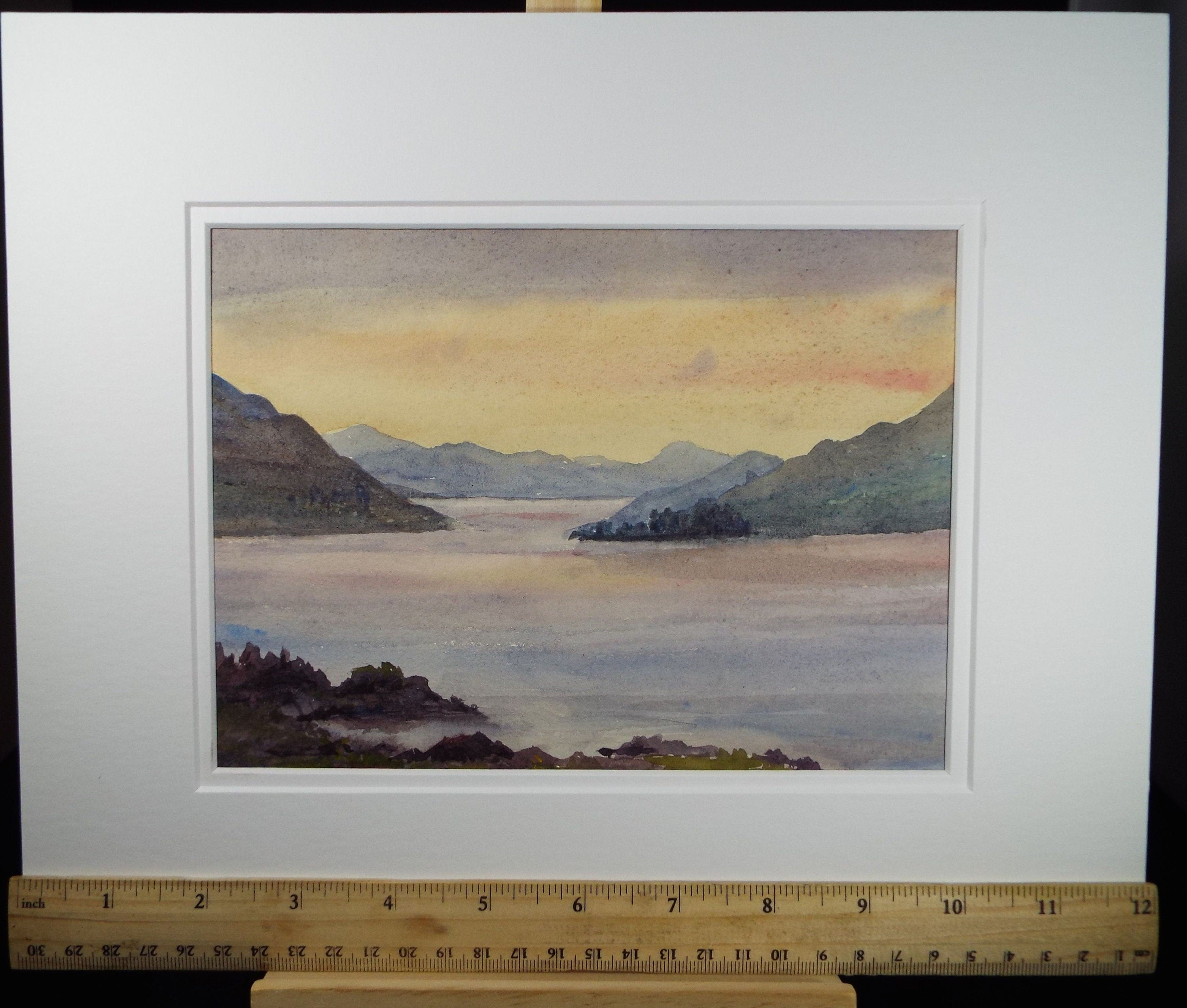 Original Watercolour, 'Lake with Mountains at Sunrise', c1910,  Unknown Artist