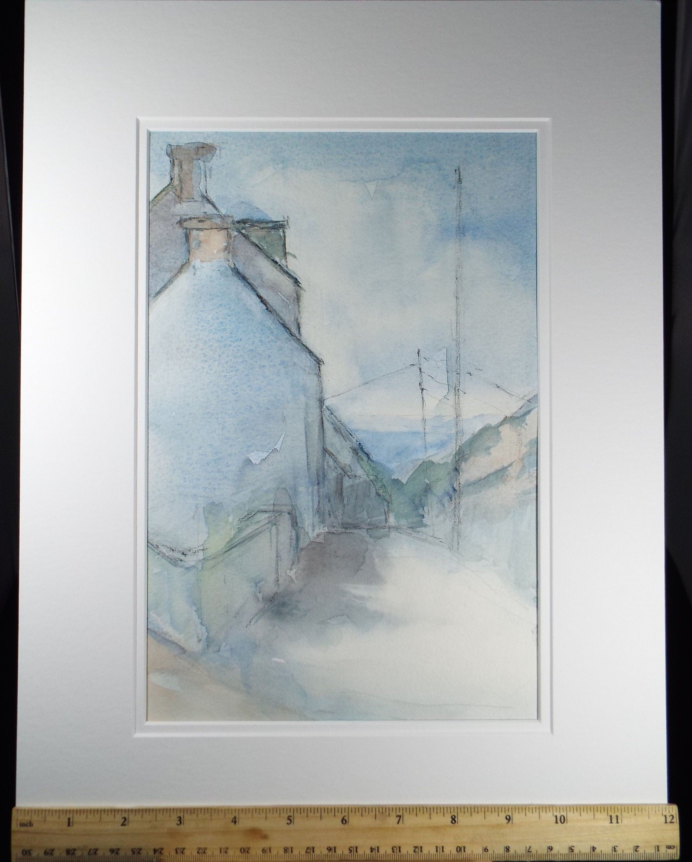 Original Watercolour & Gouache, 'Street Scene in Blue' Circa 1980's, Olive Van Klaveren (20th Century), Impressionist Continental Landscape