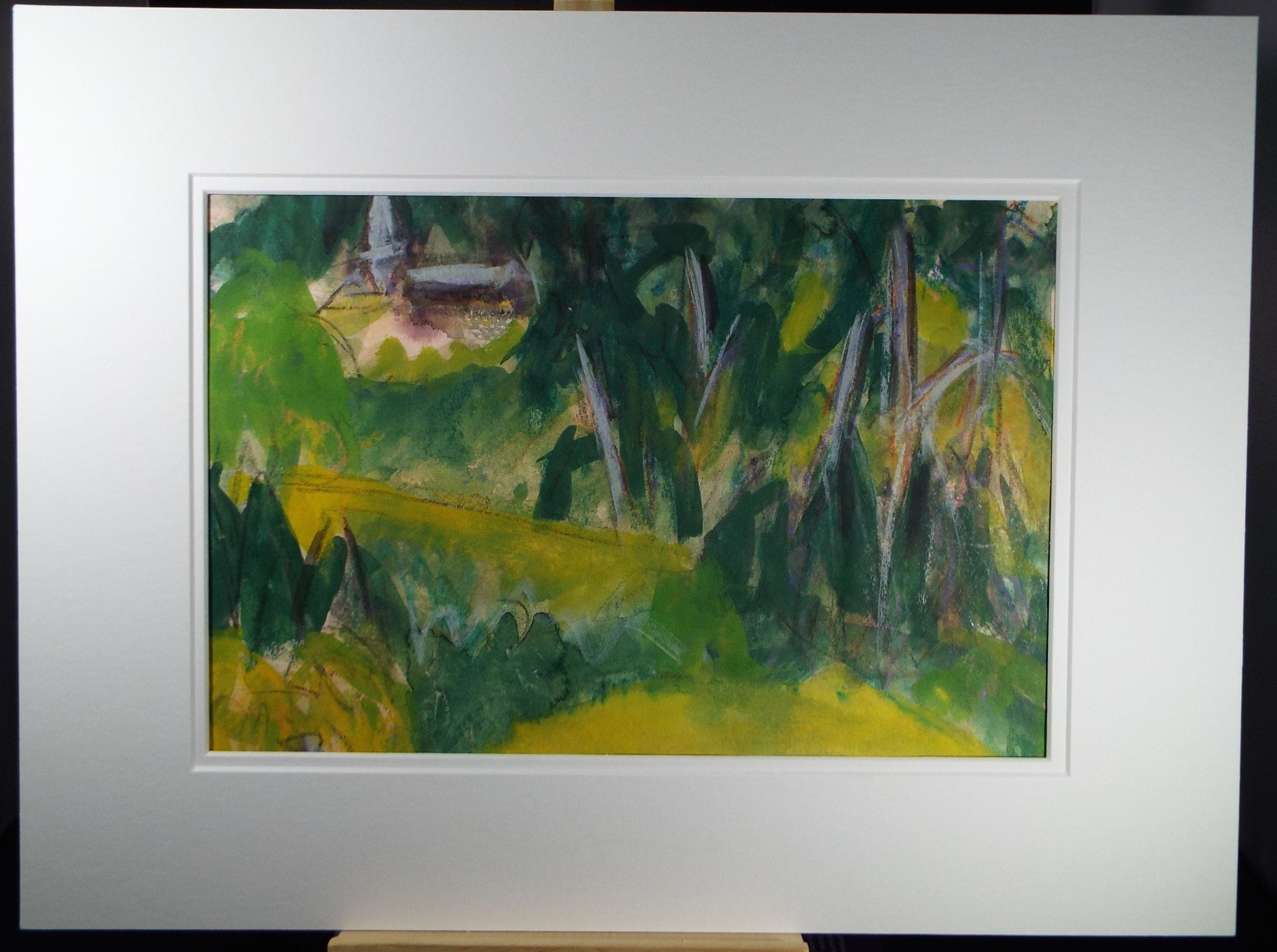 Original Watercolour & Gouache, 'Green Abstract Landscape with Church' Circa 1980's, Olive Van Klaveren, Impressionist Continental Landscape