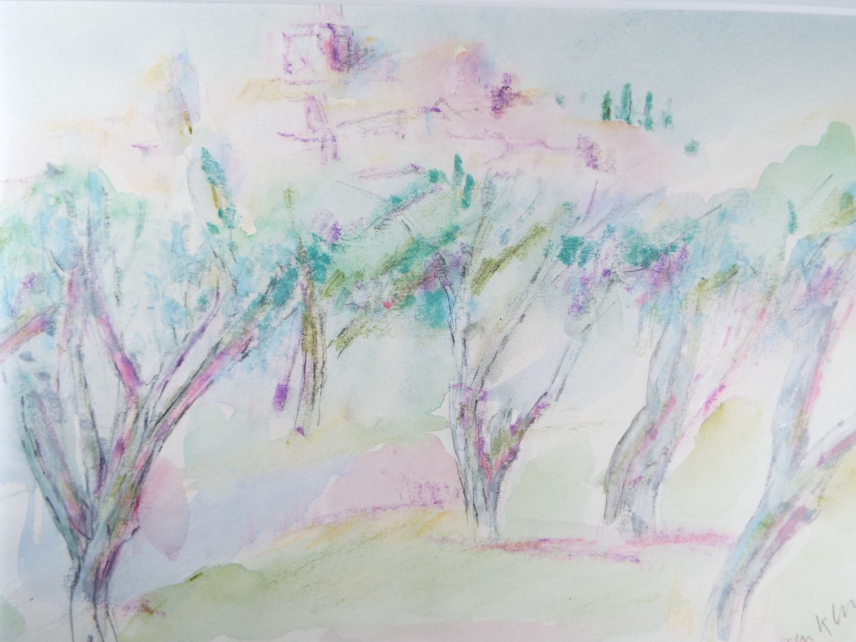 Original Watercolour & Gouache, 'The Olive Grove' 1980's, Olive Van Klaveren, Impressionist Continental Landscape