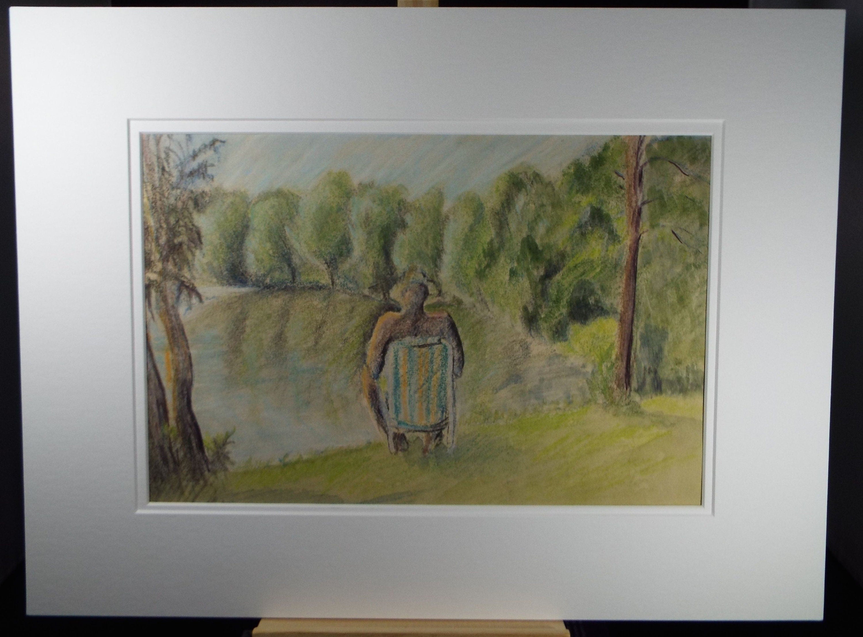 Original Pastel, 'Sitting by the lake', Olive Van Klaveren (20th Century), Impressionist Continental Landscape