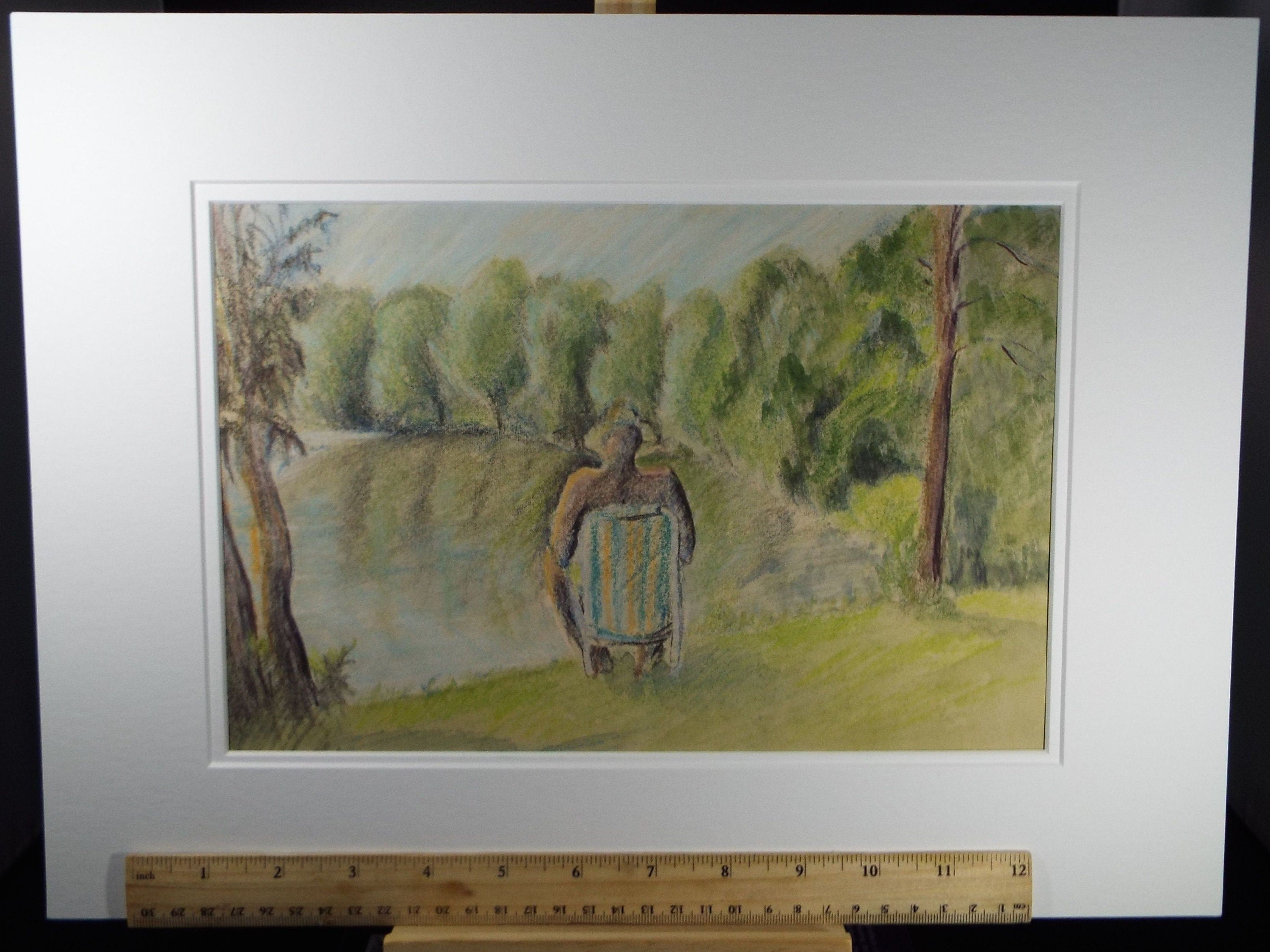 Original Pastel, 'Sitting by the lake', Olive Van Klaveren (20th Century), Impressionist Continental Landscape