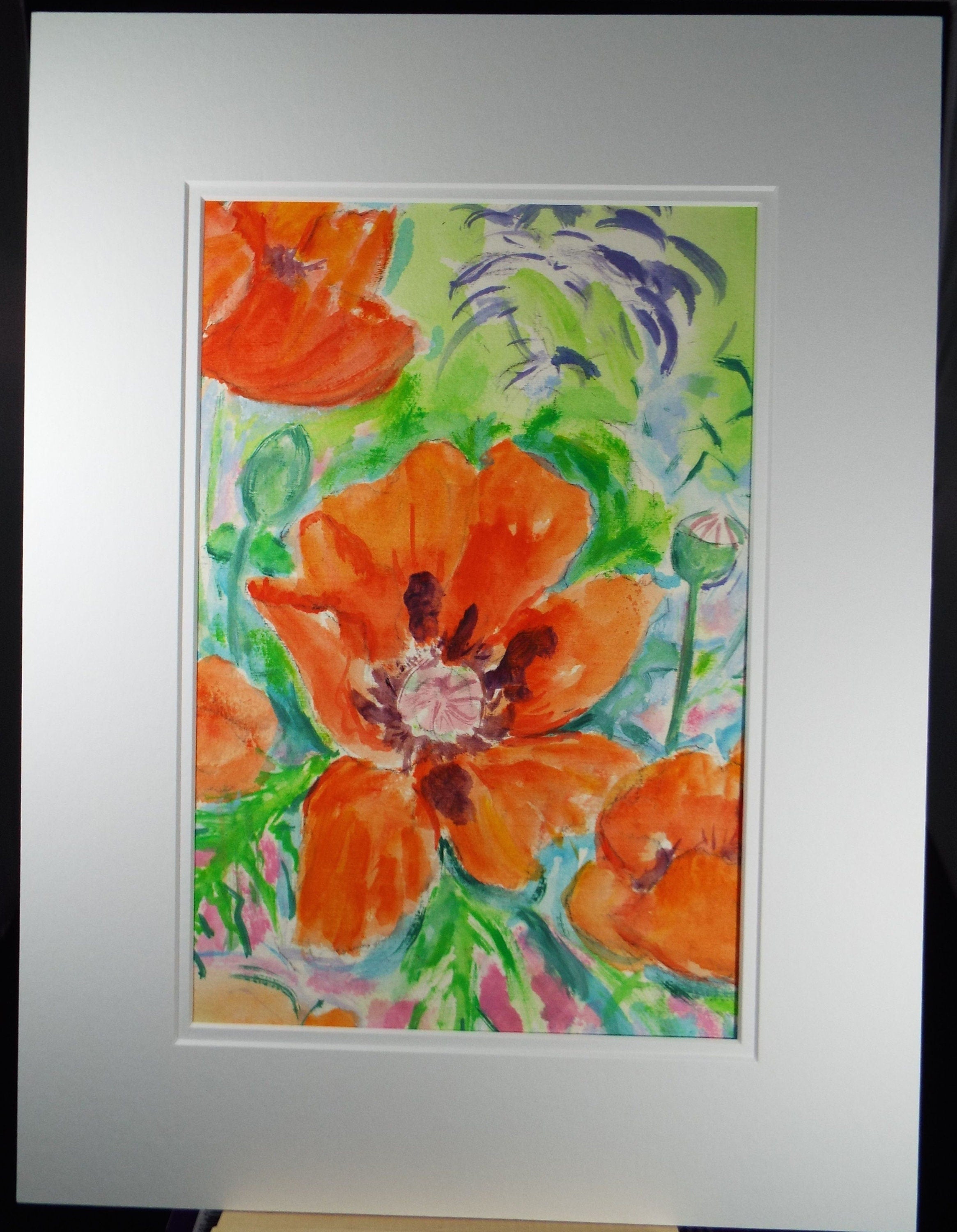 Original Watercolour & Gouache, 'Still life of Poppies' 1980's, Olive Van Klaveren (20th Century)