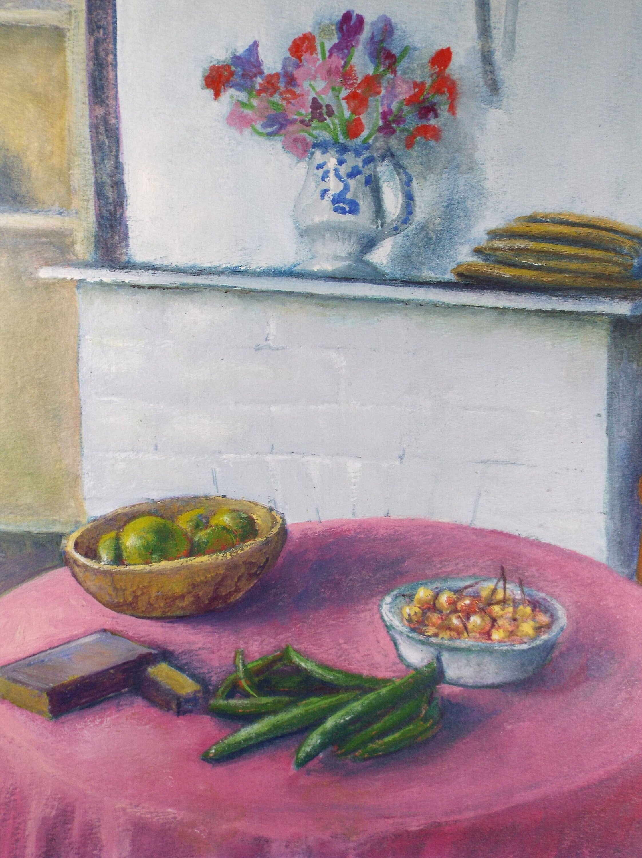 Original Watercolour & Gouache, 'Still life with Purple Tablecloth' 1980's, Olive Van Klaveren (20th Century)