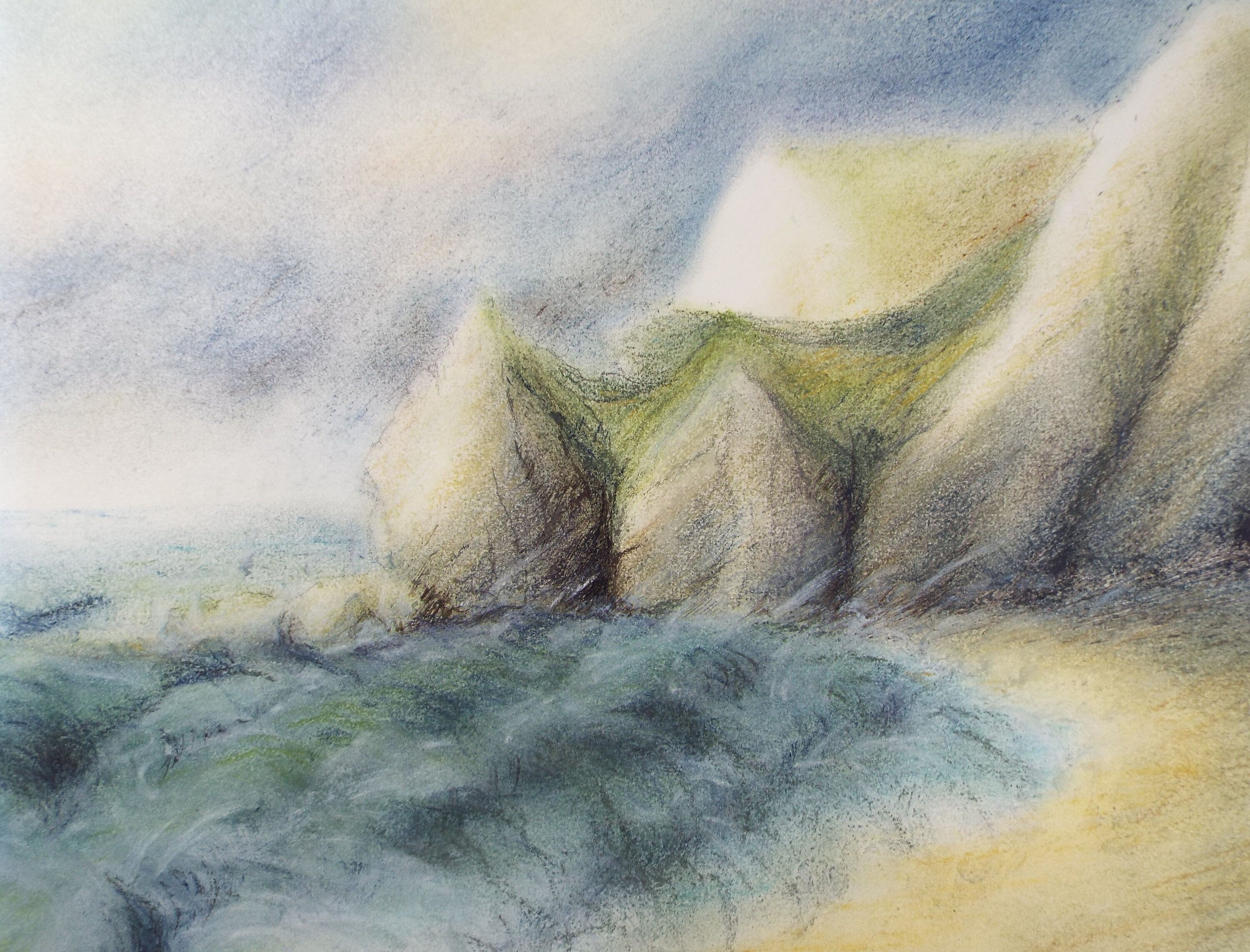 Original Pastel, 'Sandy Bay with Cliffs', Olive Van Klaveren (20th Century), Impressionist Coastal Landscape