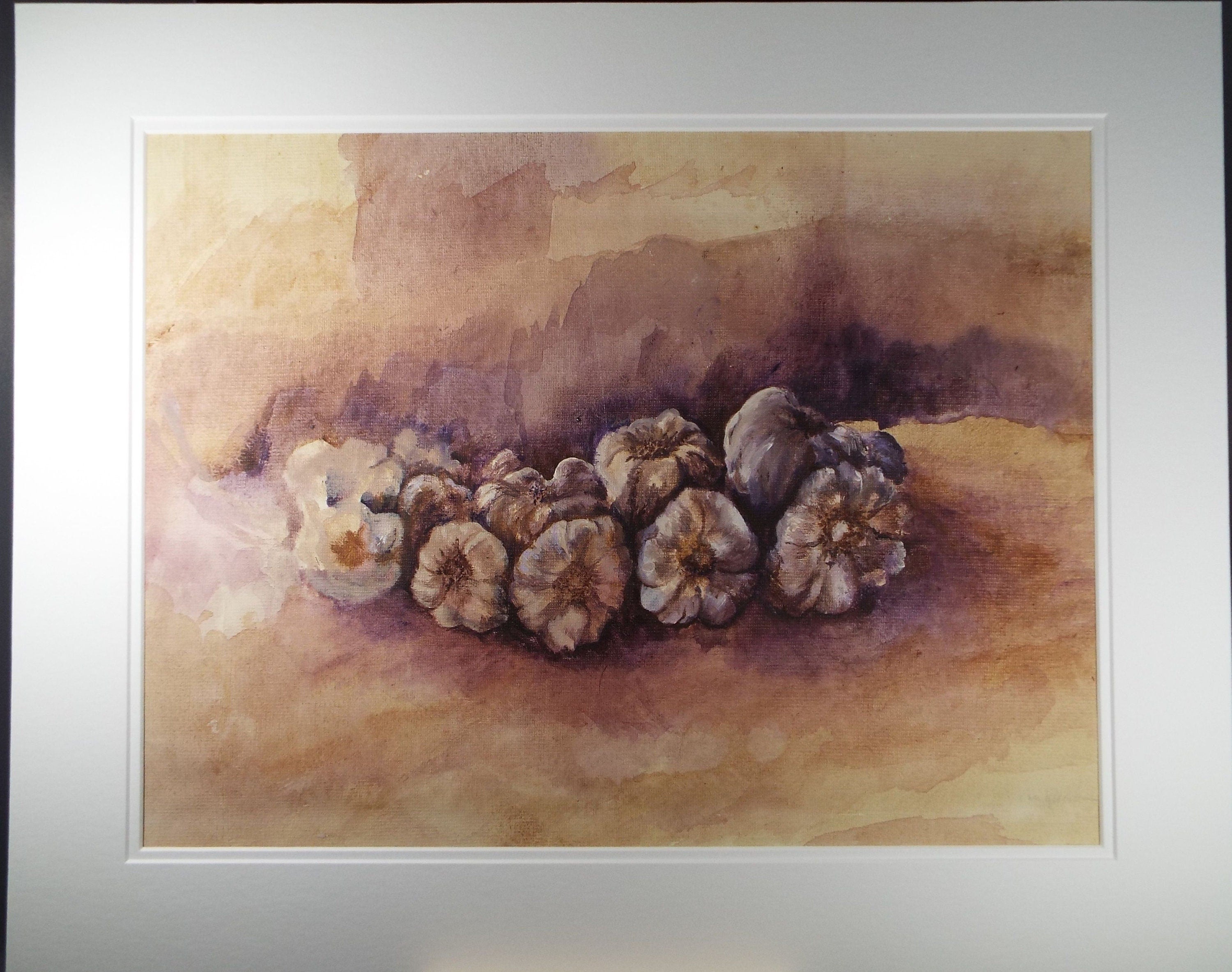 Original Watercolour & Gouache on Canvas Paper, 'Still life of Garlic' 1980's, Olive Van Klaveren (20th Century)