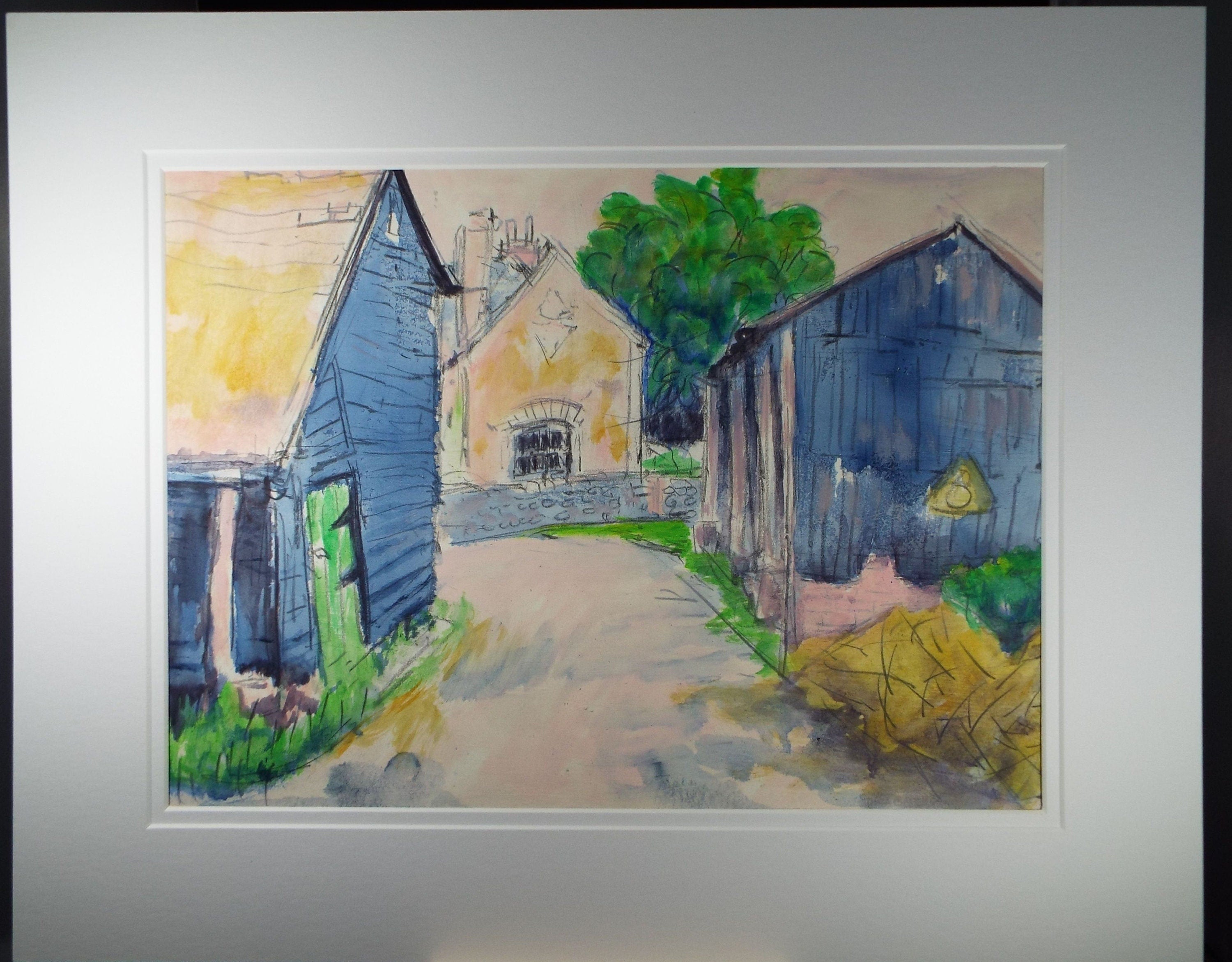 Original Watercolour & Gouache, 'A Country Lane with Barns' 1980's, Olive Van Klaveren (20th Century)