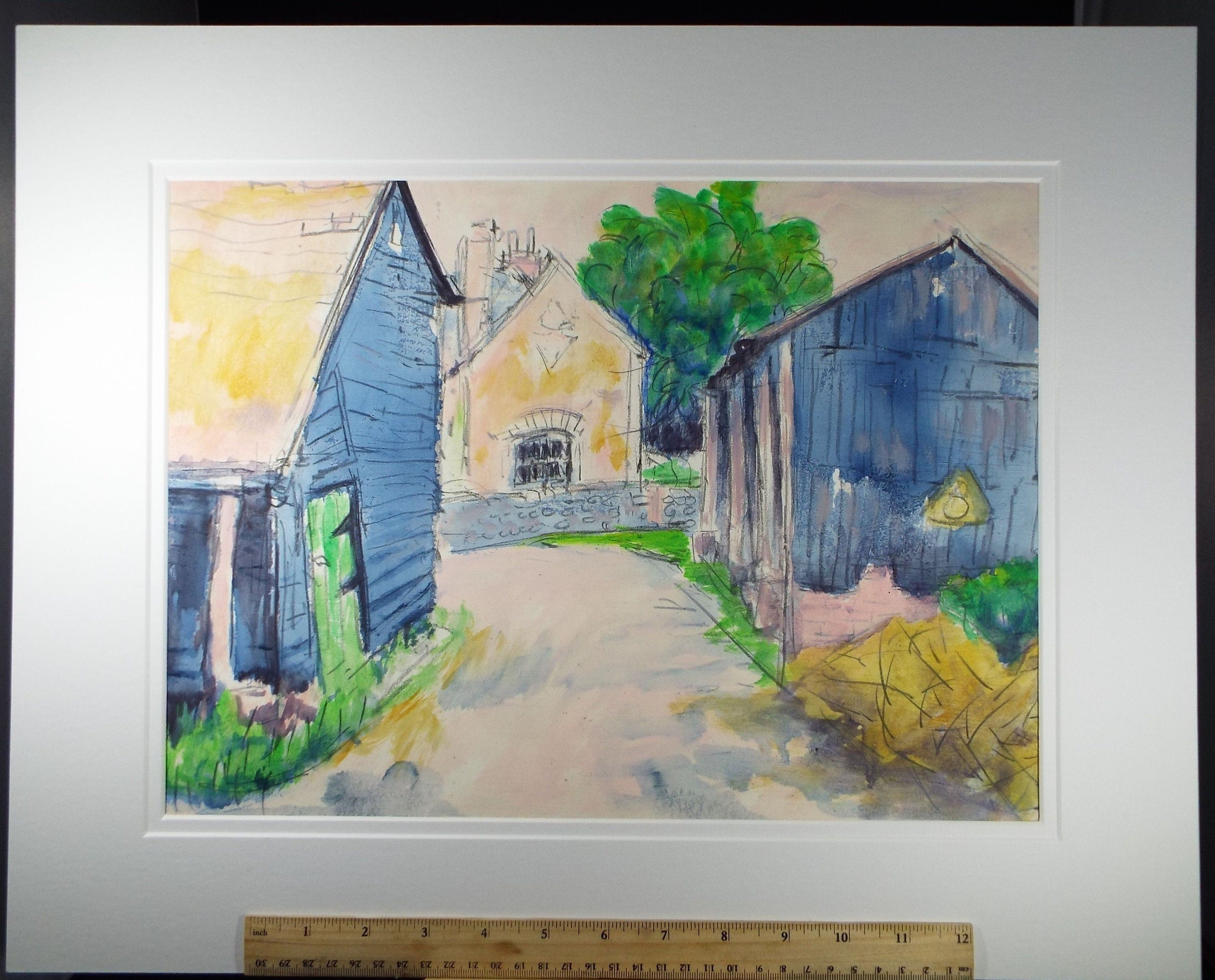 Original Watercolour & Gouache, 'A Country Lane with Barns' 1980's, Olive Van Klaveren (20th Century)