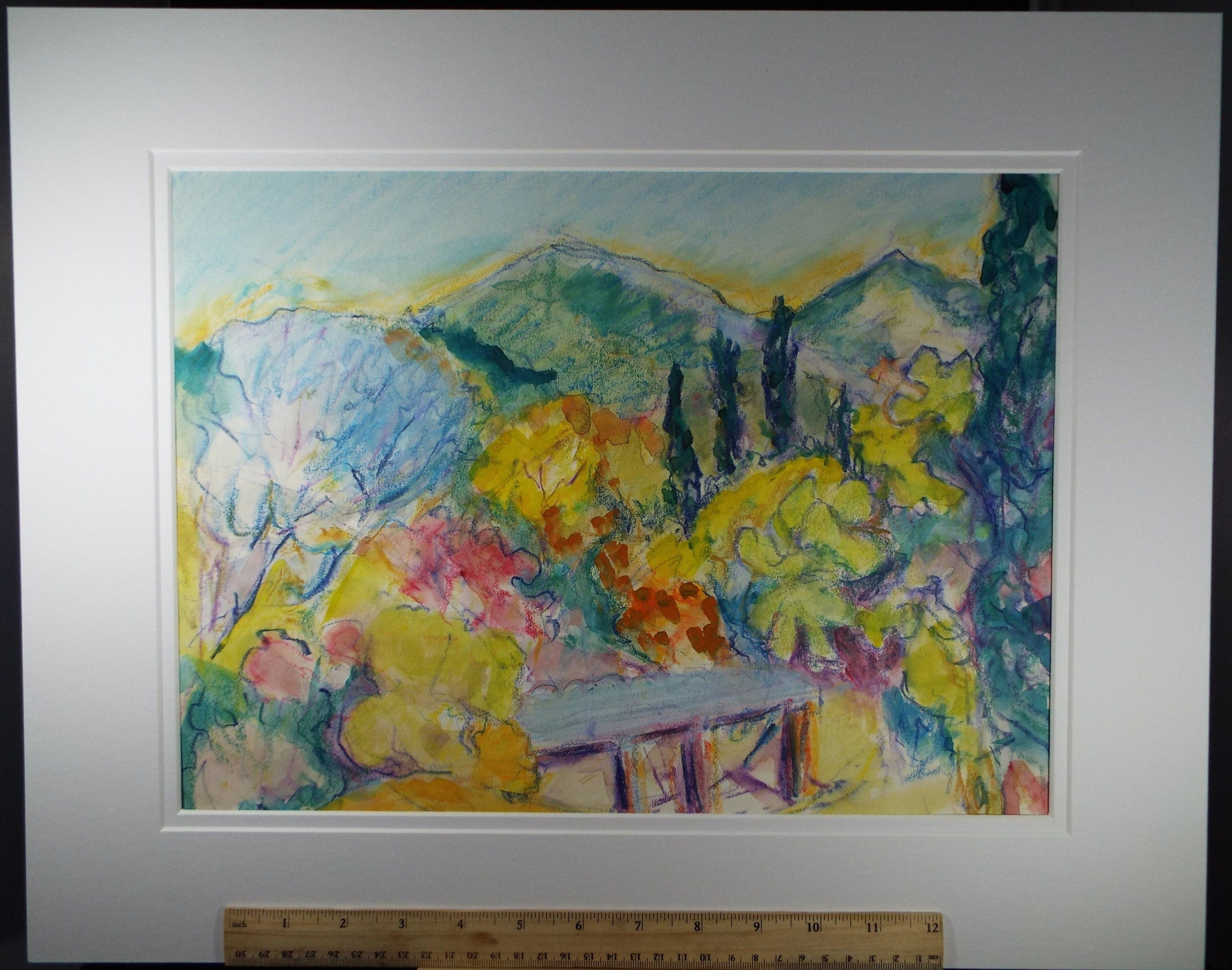 Original Watercolour & Gouache, 'Italian Summer Landscape with Hills' 1980's, Olive Van Klaveren (20th Century)