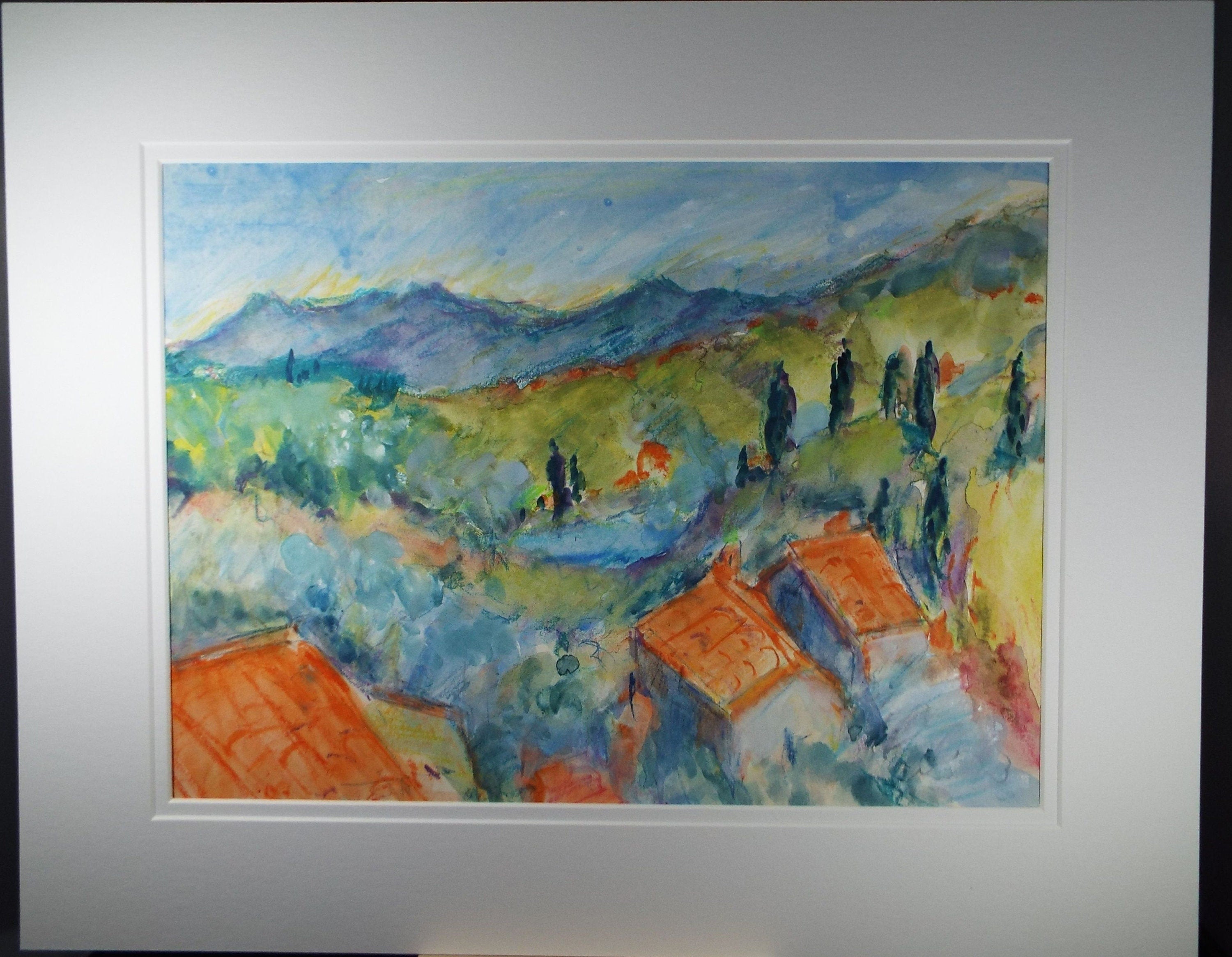 Original Watercolour & Gouache, 'Italian Roofs in a Hilly Landscape' 1980's, Olive Van Klaveren (20th Century)