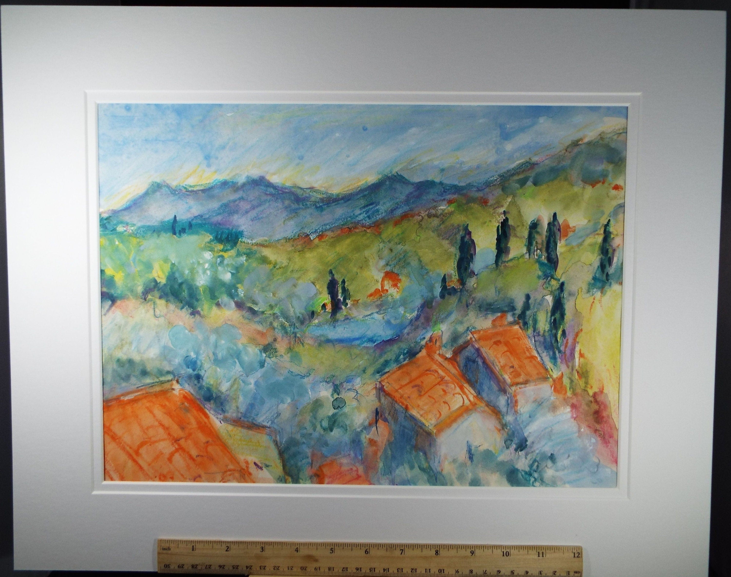 Original Watercolour & Gouache, 'Italian Roofs in a Hilly Landscape' 1980's, Olive Van Klaveren (20th Century)