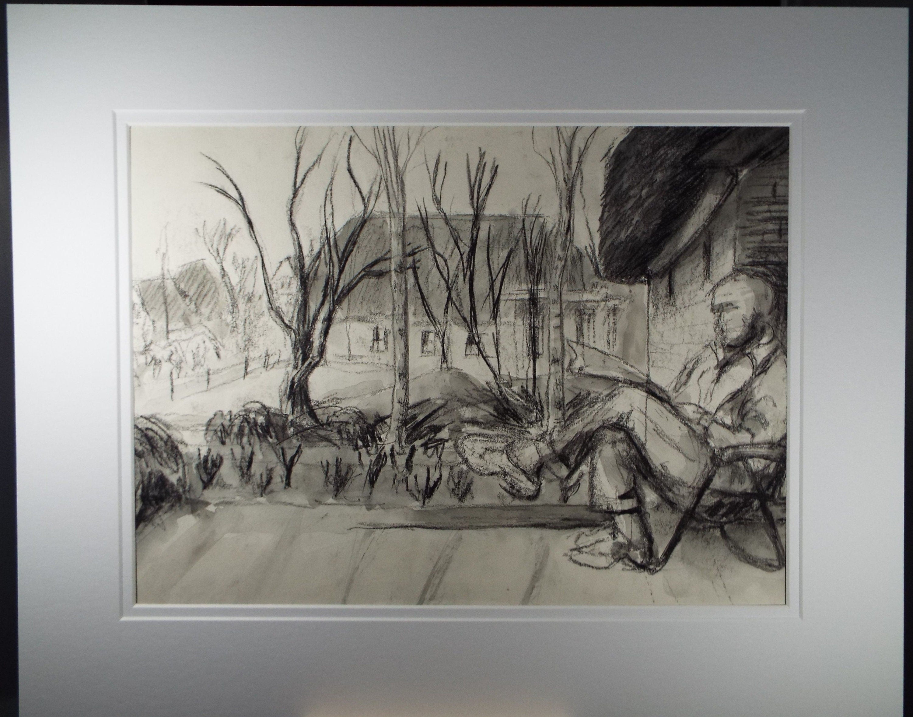 Original Charcoal Drawing 'Sitting in the Garden', 1980's Olive Van Klaveren (20th Century)