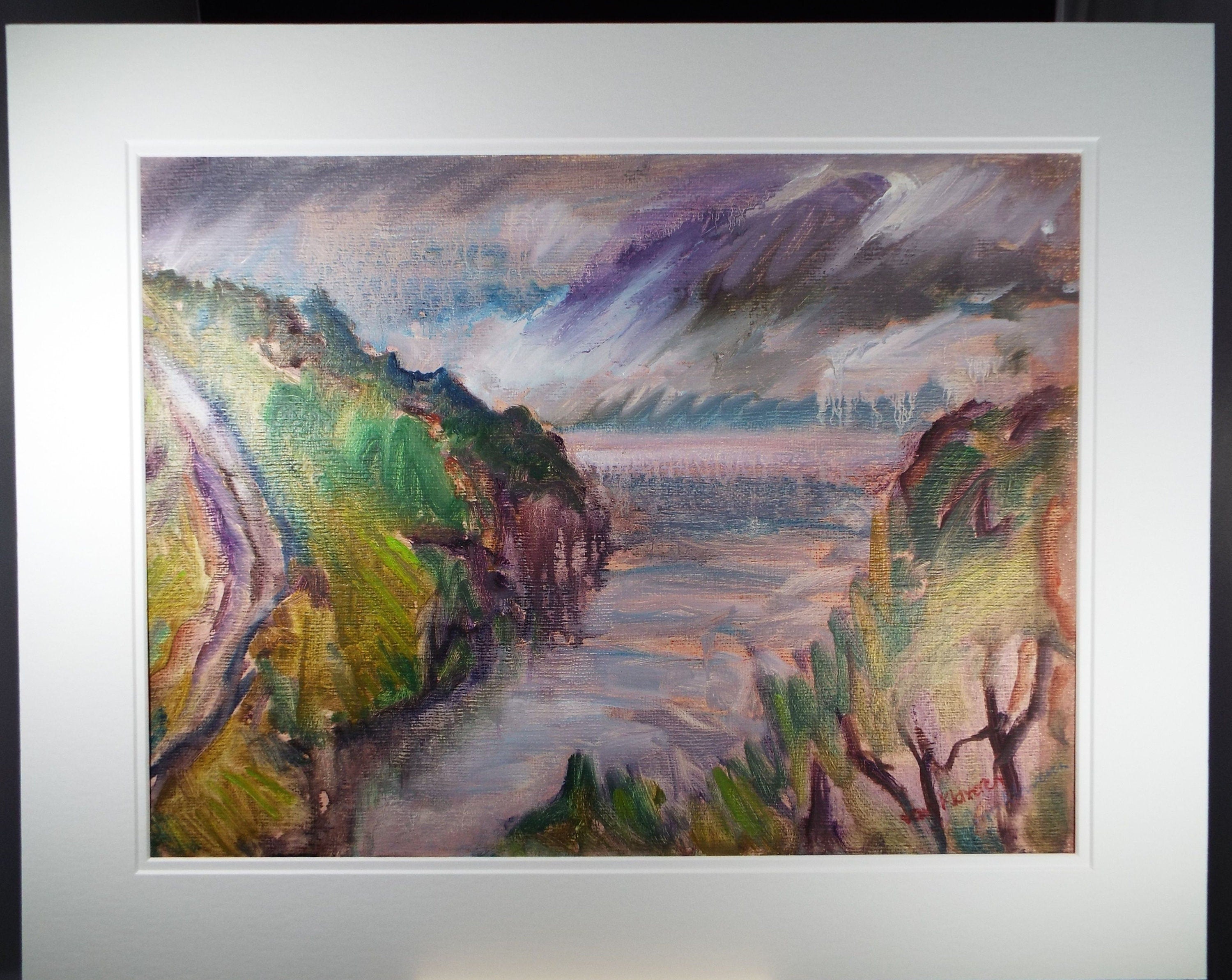 Original Watercolour & Gouache, 'Purple Sea inlet with Cliffs' 1980's, Olive Van Klaveren (20th Century)