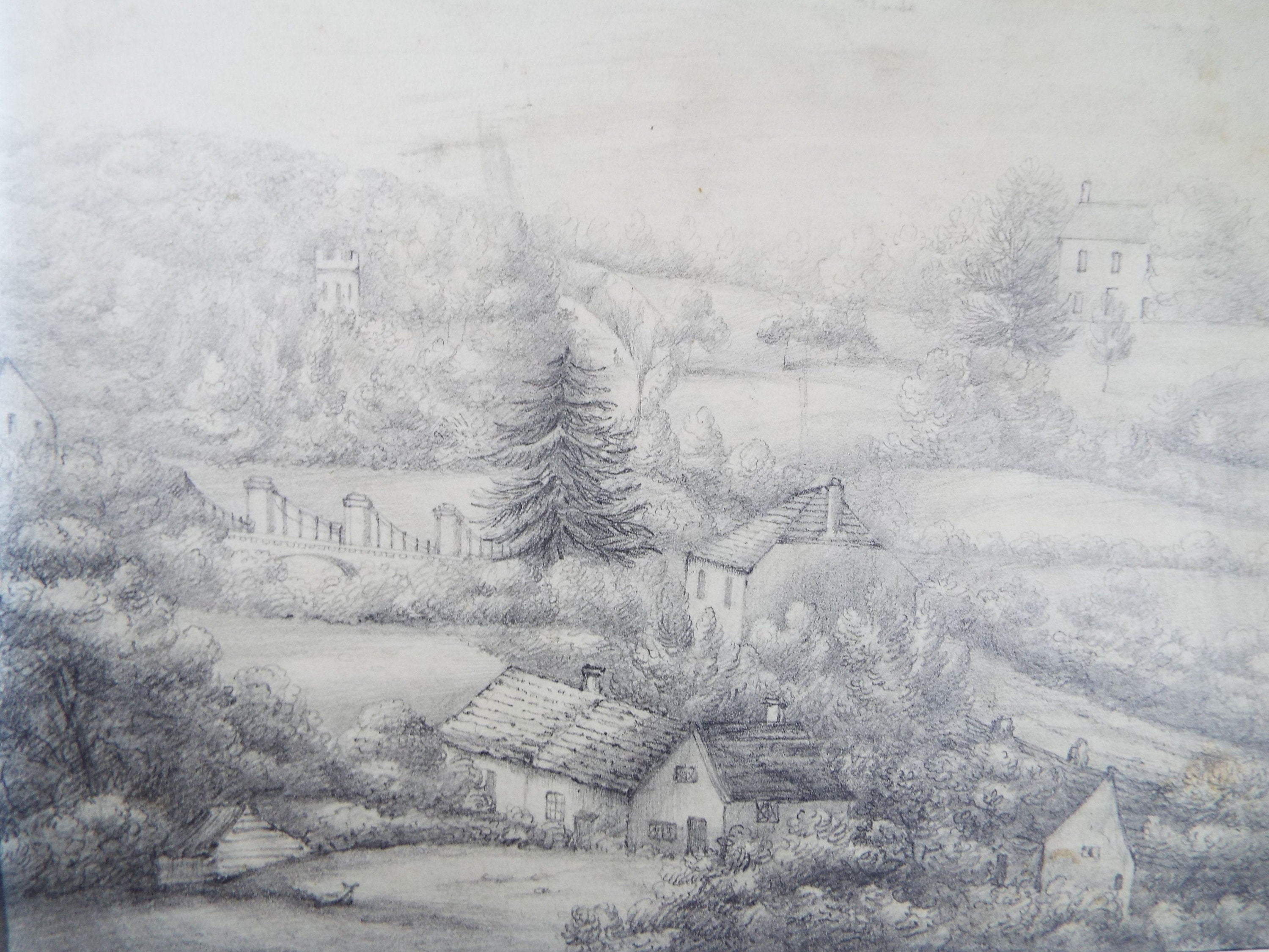 Original Grisaille Watercolour, Inscribed -  'Pen Y Bont, 1833,  Mary Ann Baker'