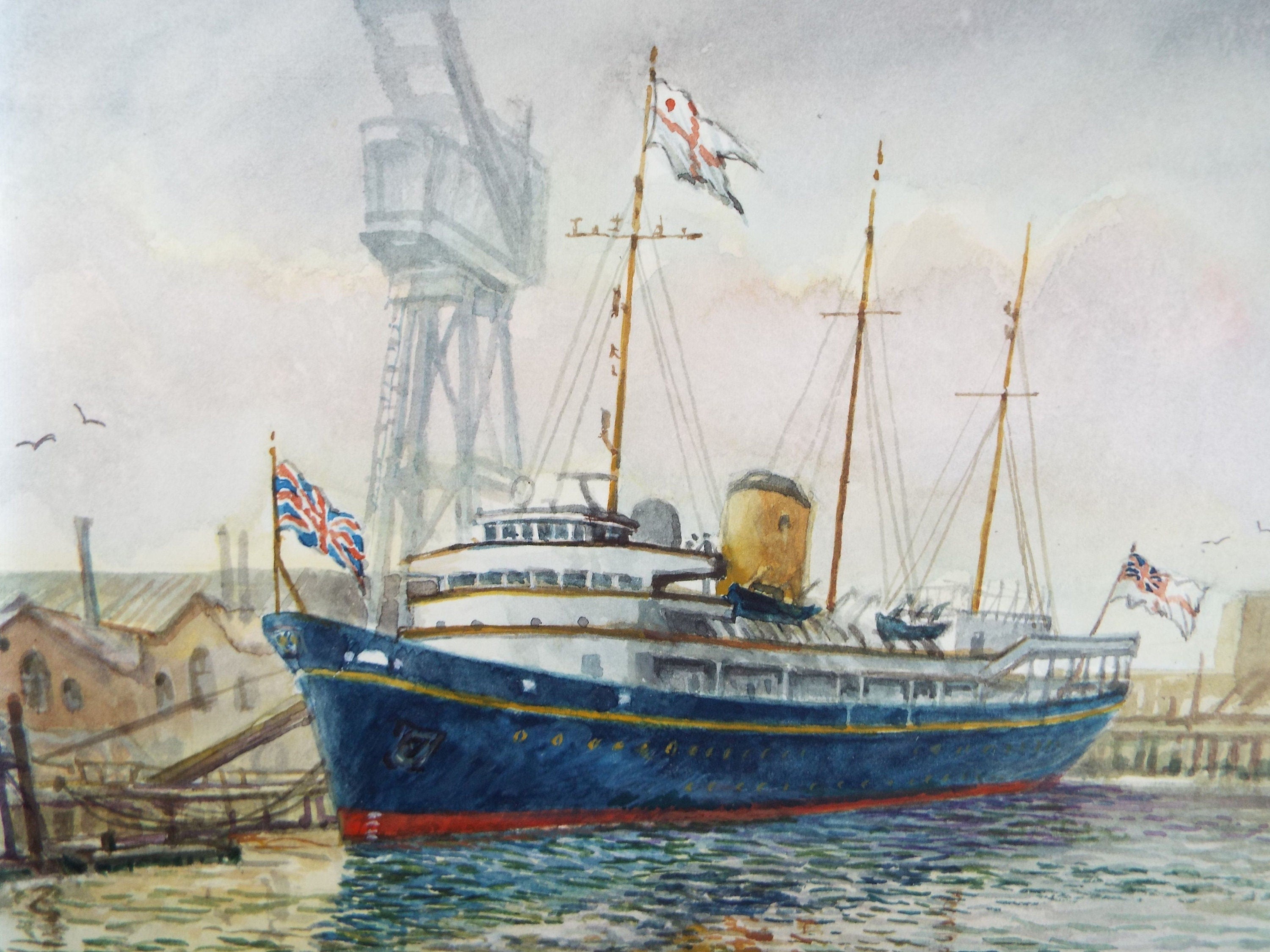 Original watercolour, 'Britannia in Portsmouth Harbour',  1995, David Beer b1936