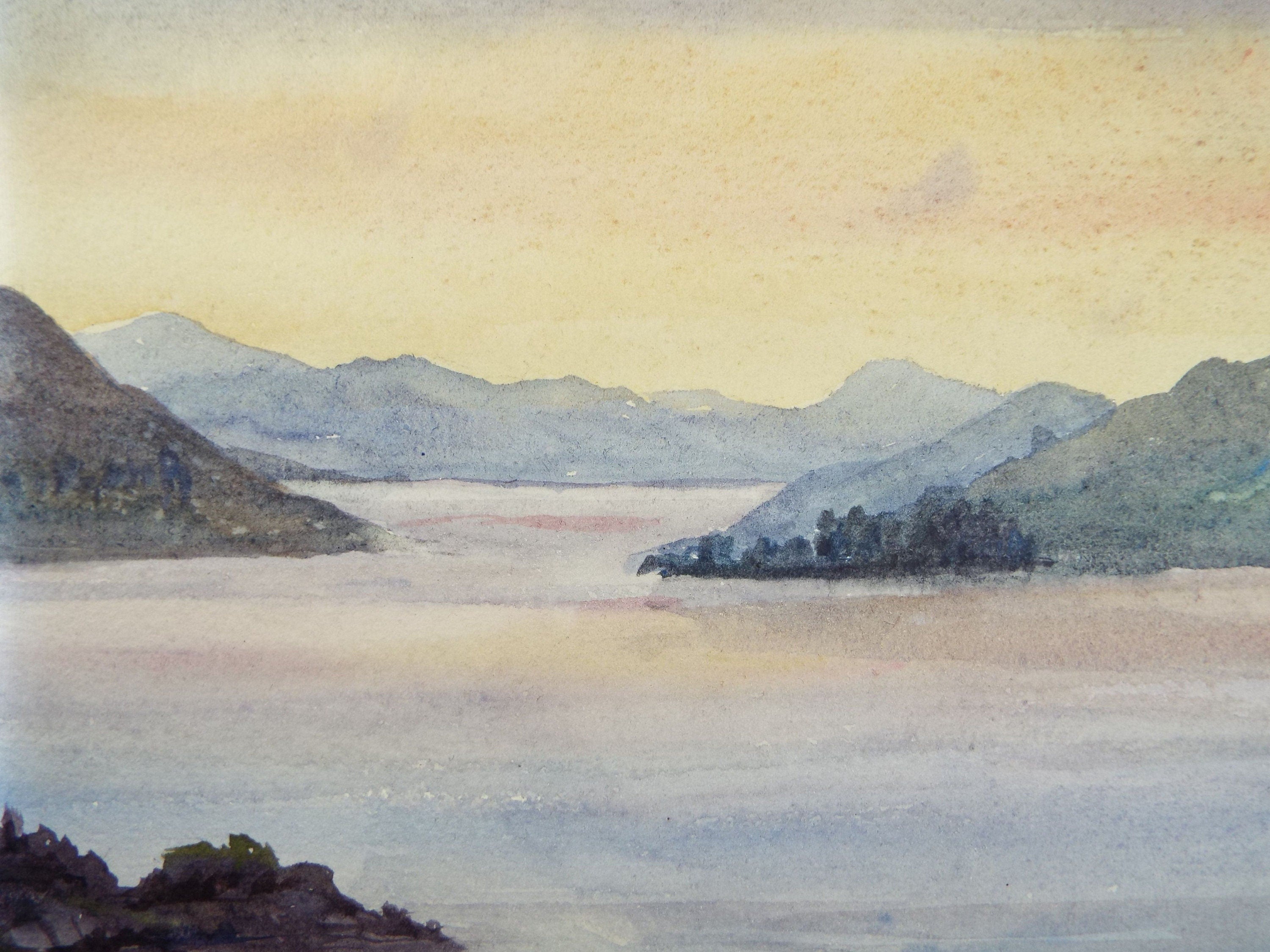 Original Watercolour, 'Lake with Mountains at Sunrise', c1910,  Unknown Artist