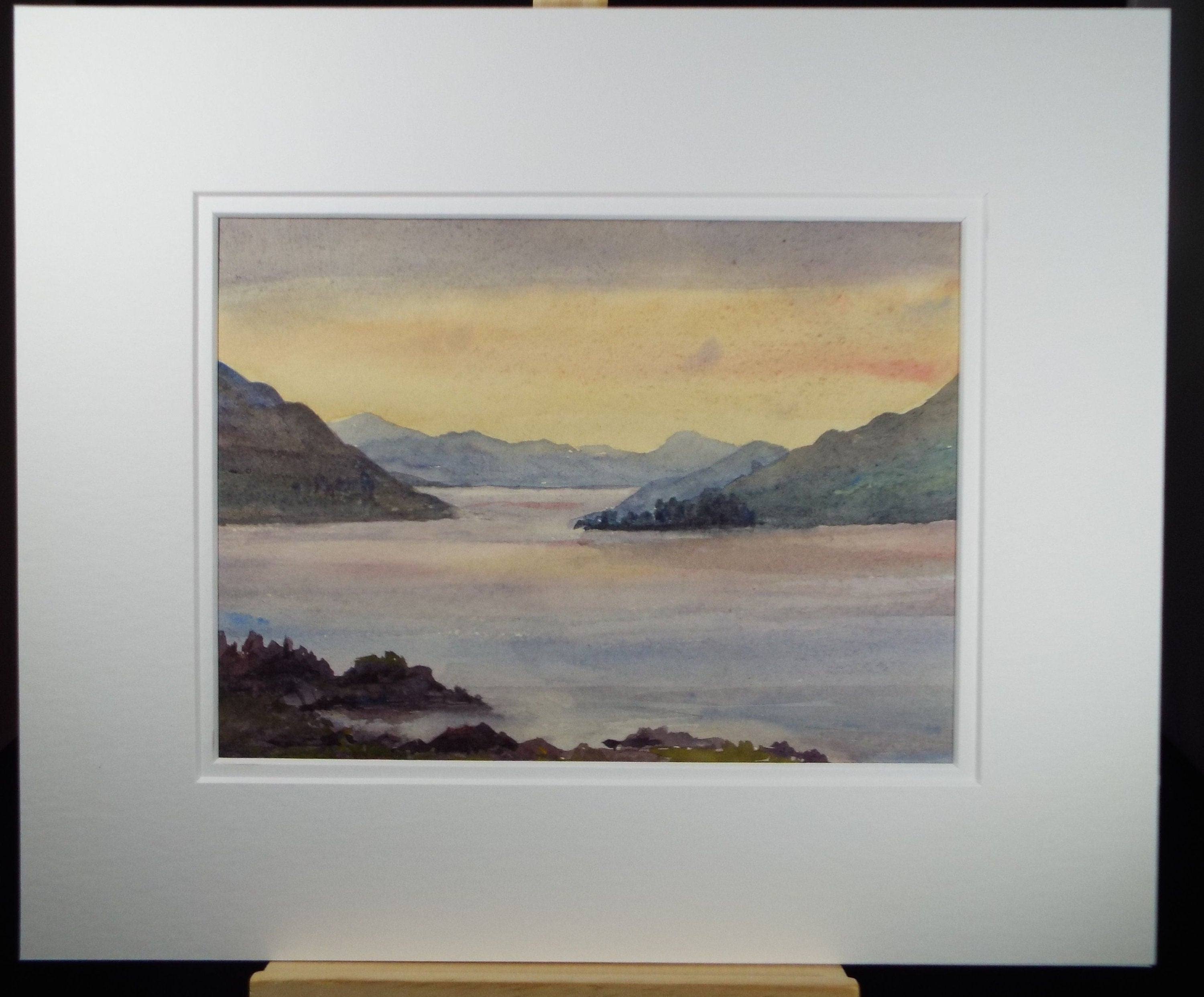 Original Watercolour, 'Lake with Mountains at Sunrise', c1910,  Unknown Artist