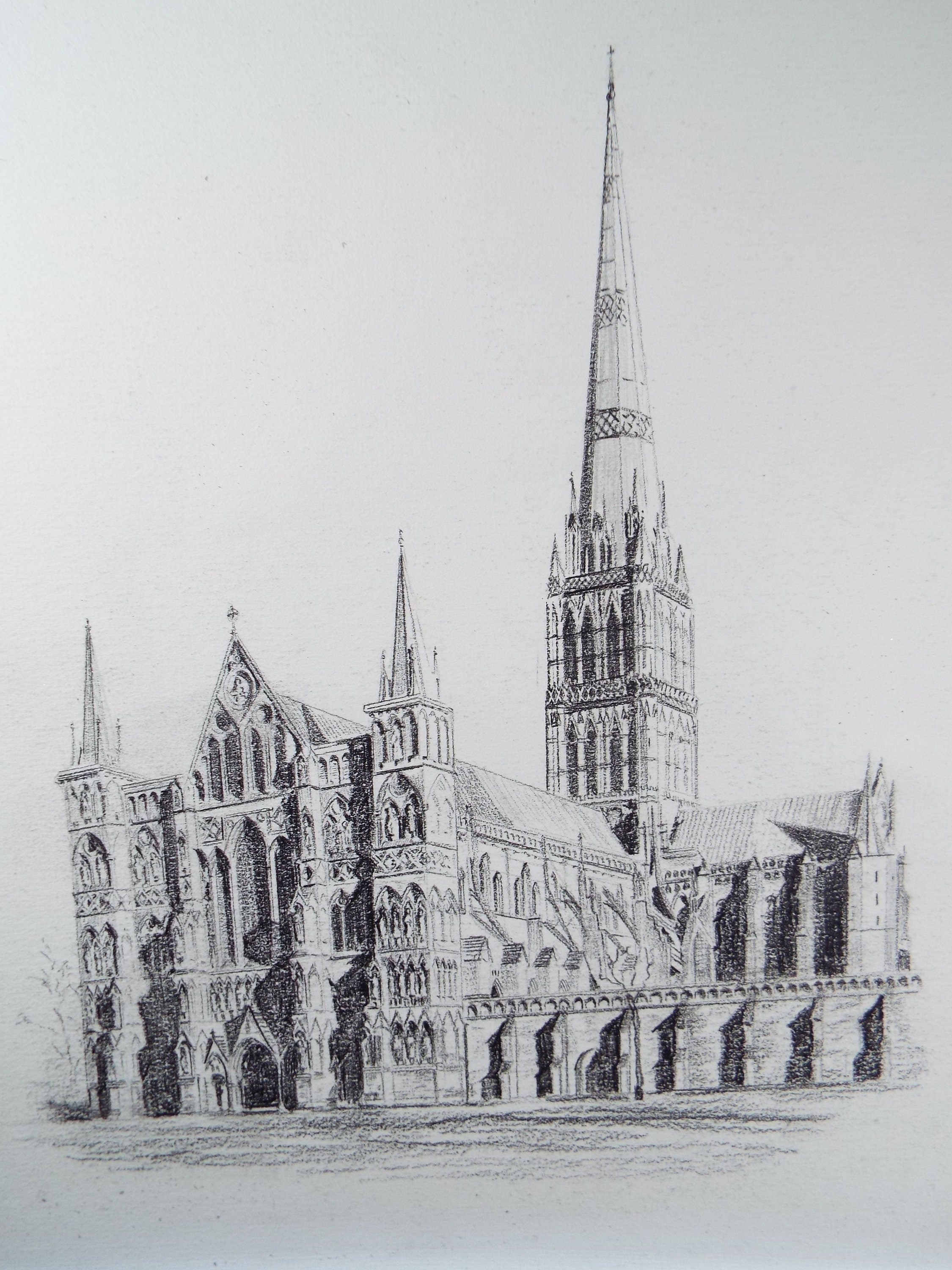 Original Pencil Drawing, Salisbury Cathedral, late 20th Century, Artist Unknown