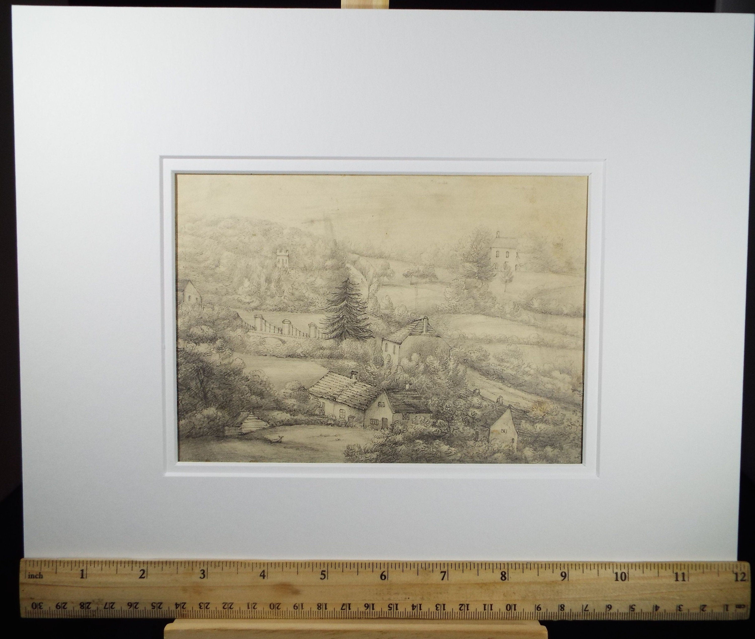 Original Grisaille Watercolour, Inscribed -  'Pen Y Bont, 1833,  Mary Ann Baker'