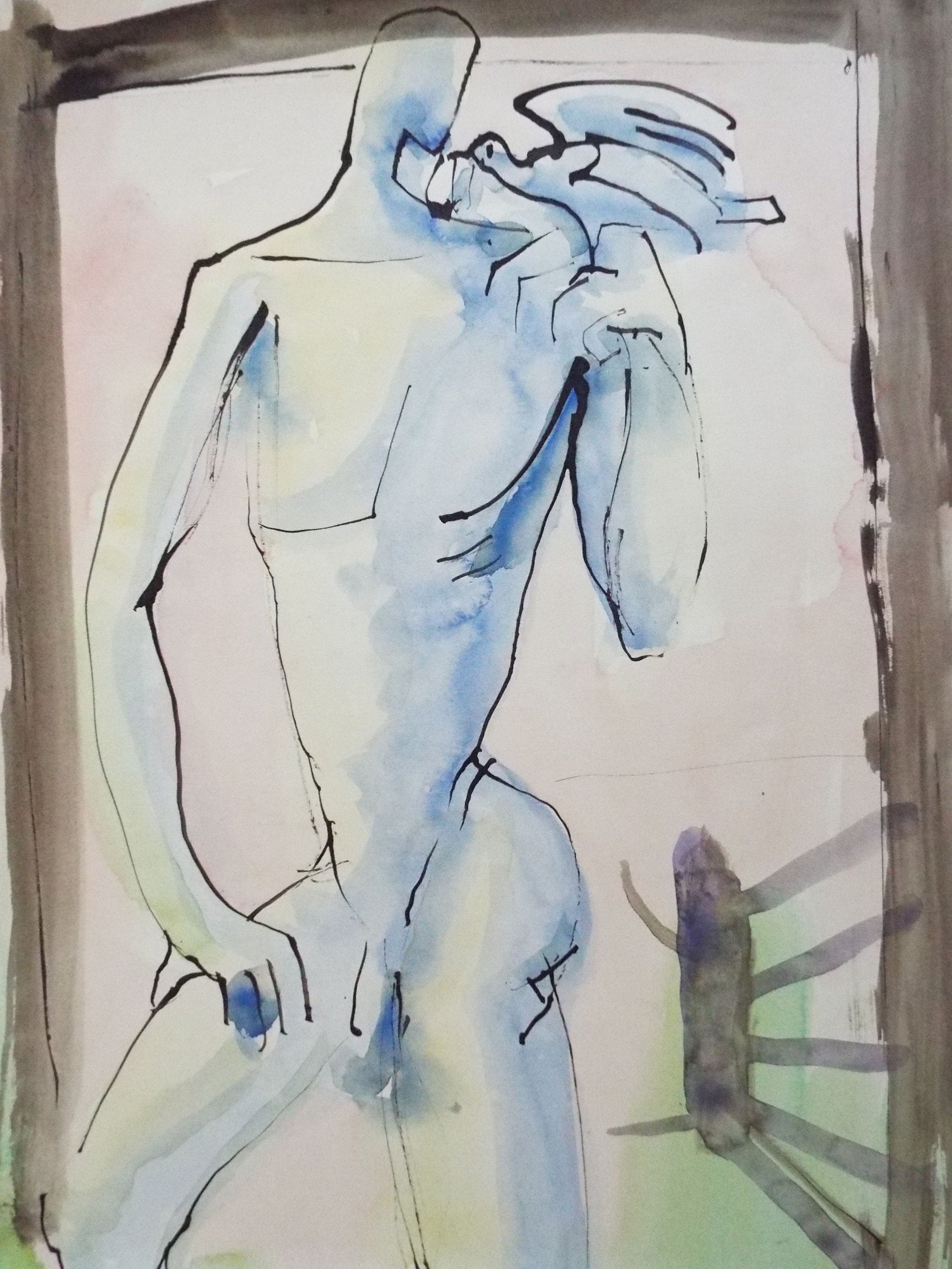 Original Watercolour & India Ink , 'Male Figure with Dove' - from the Great Flood series of 100 paintings, 1980's, Sven Berlin (1911-1999)