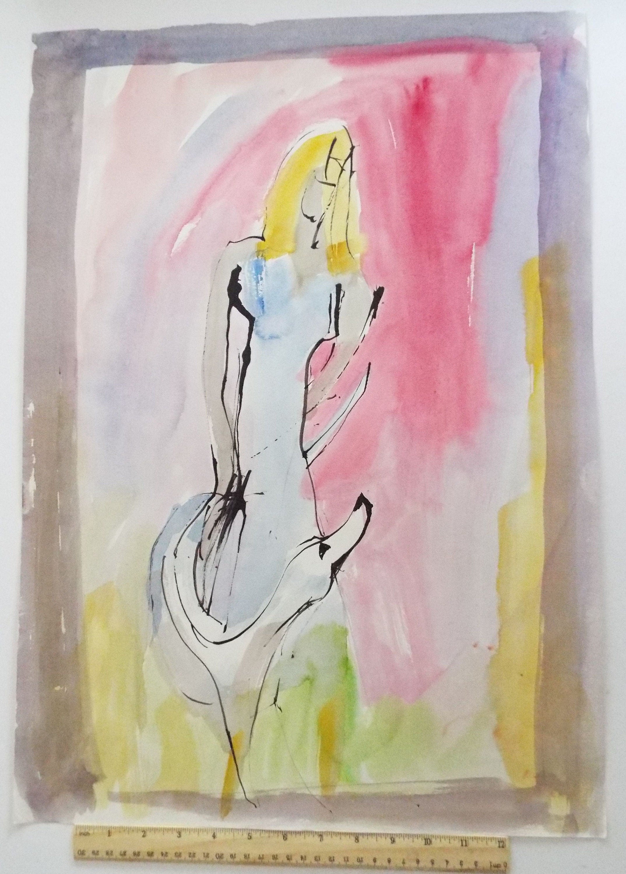 Original Watercolour & India Ink, 'Female Figure with Swan' - from the Great Flood series of 100 paintings, 1980's, Sven Berlin (1911-1999)