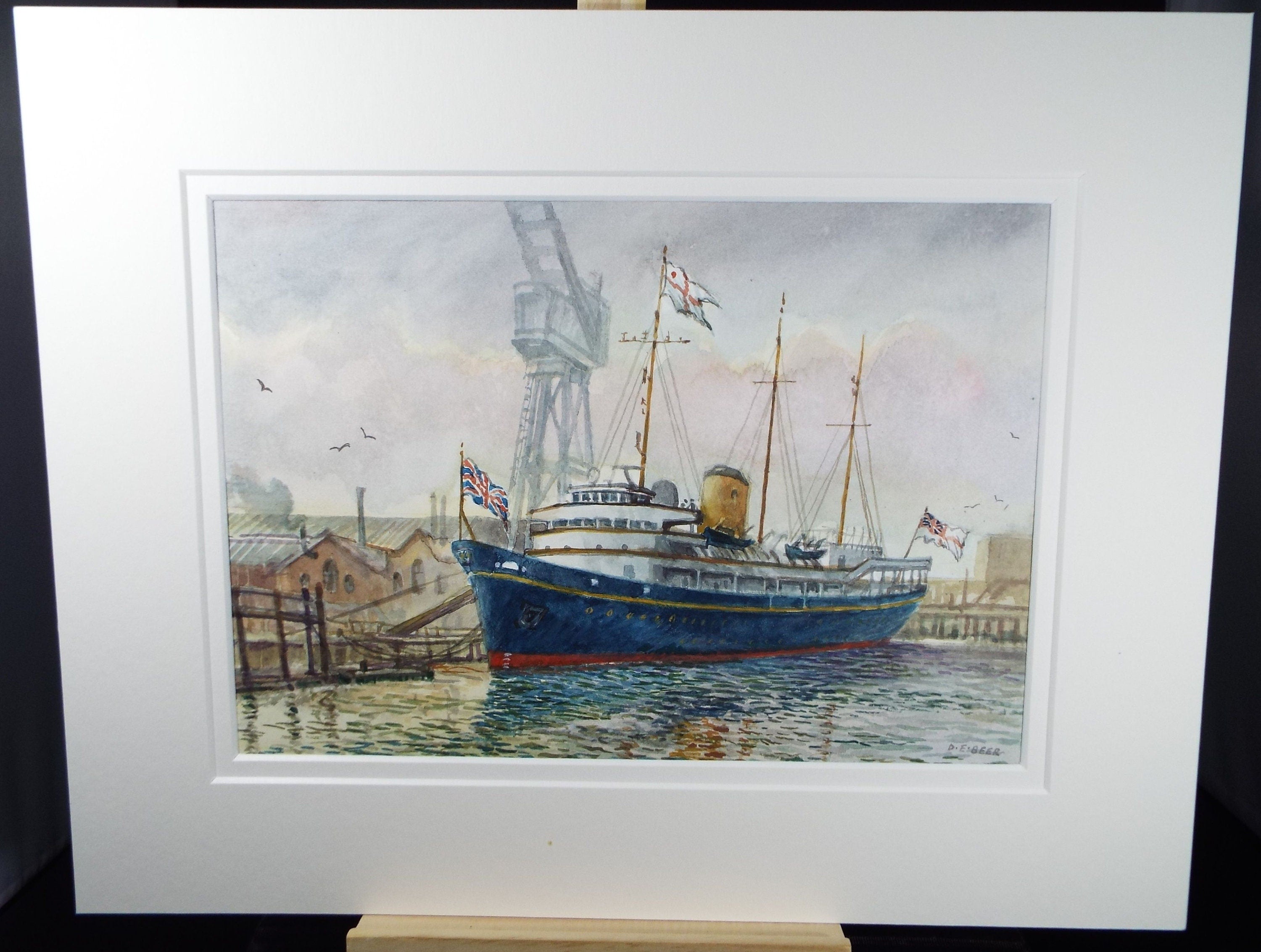 Original watercolour, 'Britannia in Portsmouth Harbour',  1995, David Beer b1936