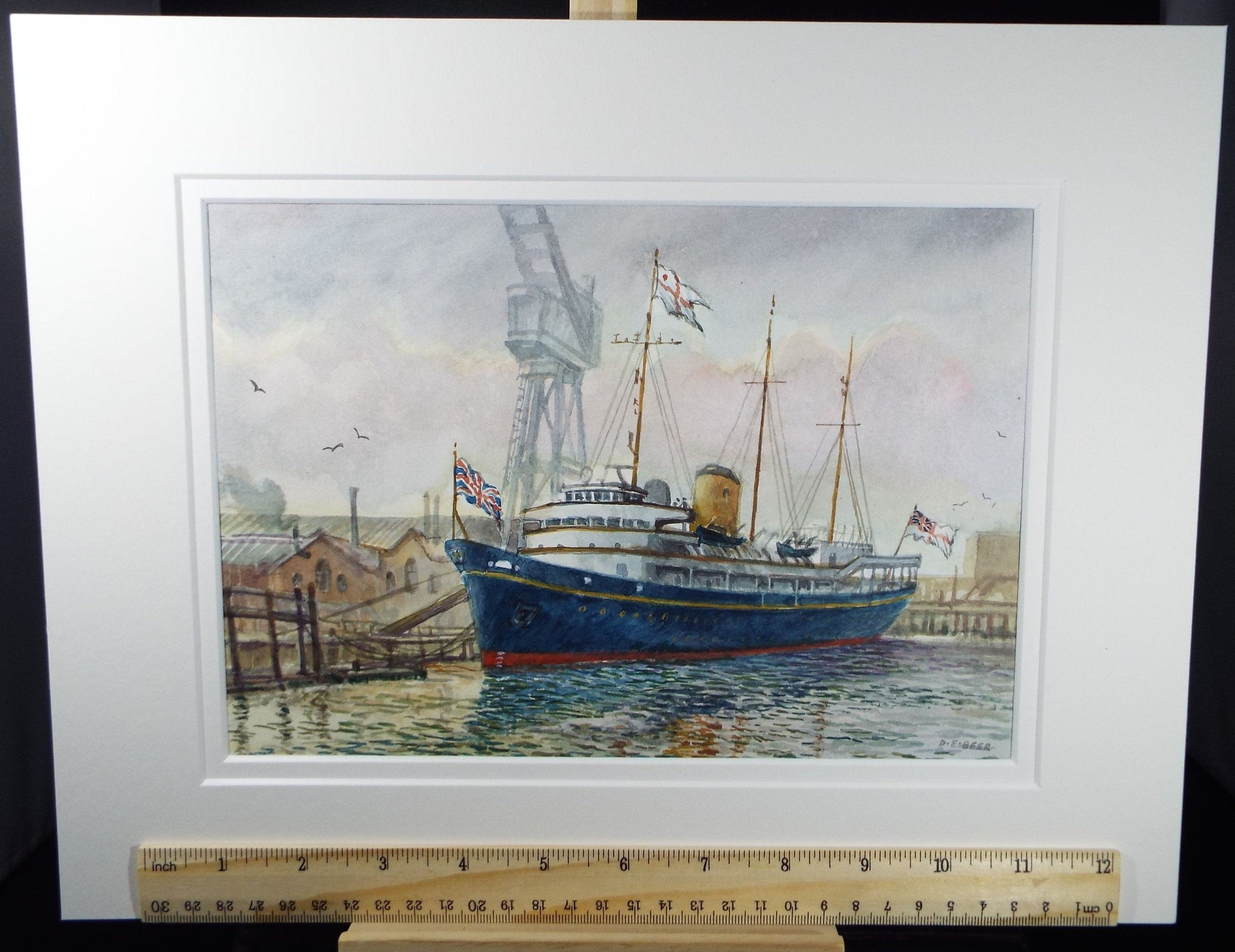 Original watercolour, 'Britannia in Portsmouth Harbour',  1995, David Beer b1936